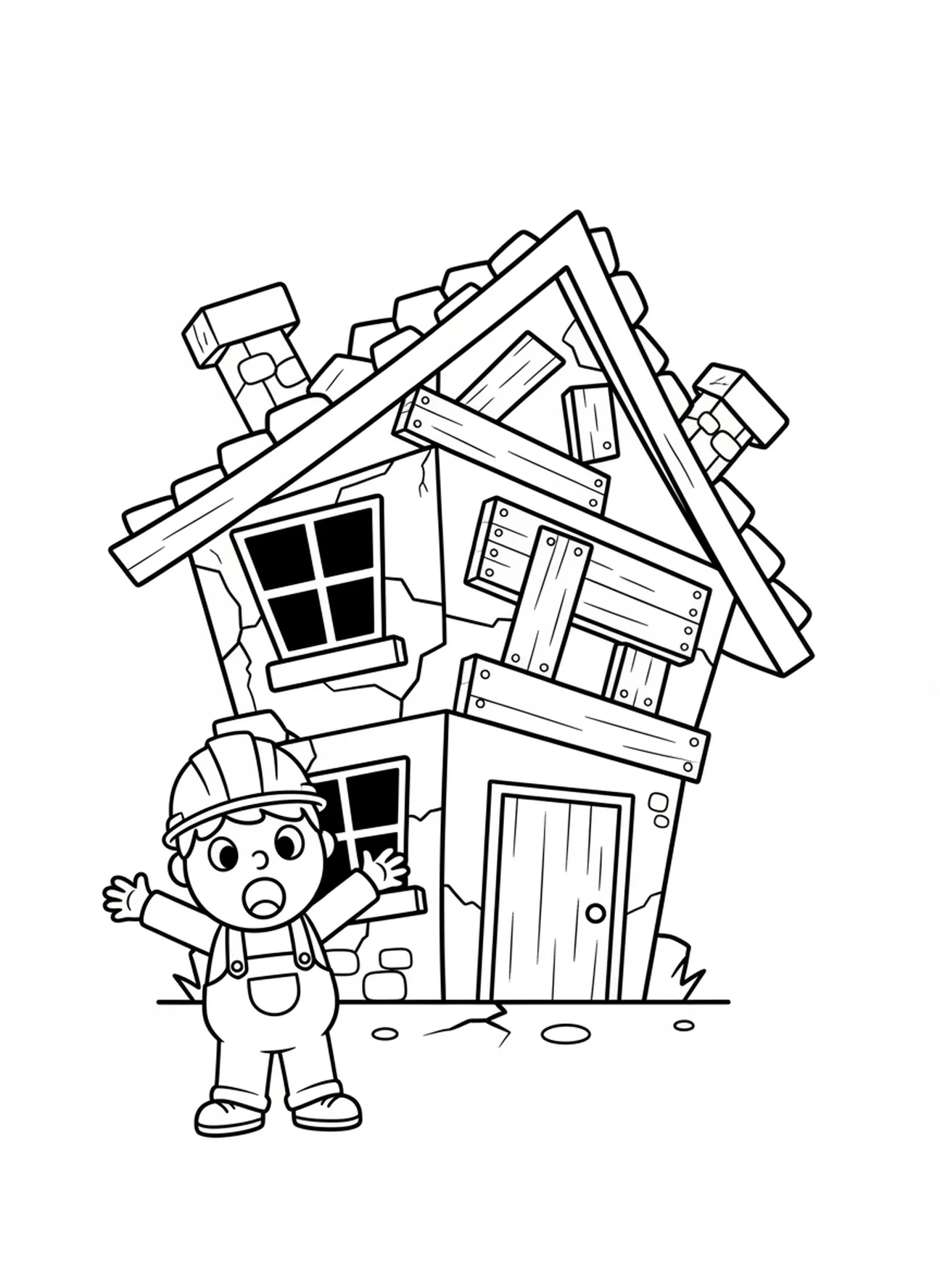 Foolish house falling, Ausmalbild der klugen und törichten Bauherren für Vorschulkinder im Alter von 3-5 Jahren
