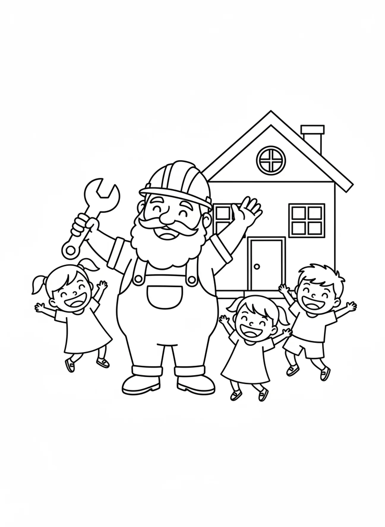 Weiser Baumeister mit Kindern, Ausmalbild Weiser und Toren Baumeister für Vorschulkinder im Alter von 3-5 Jahren