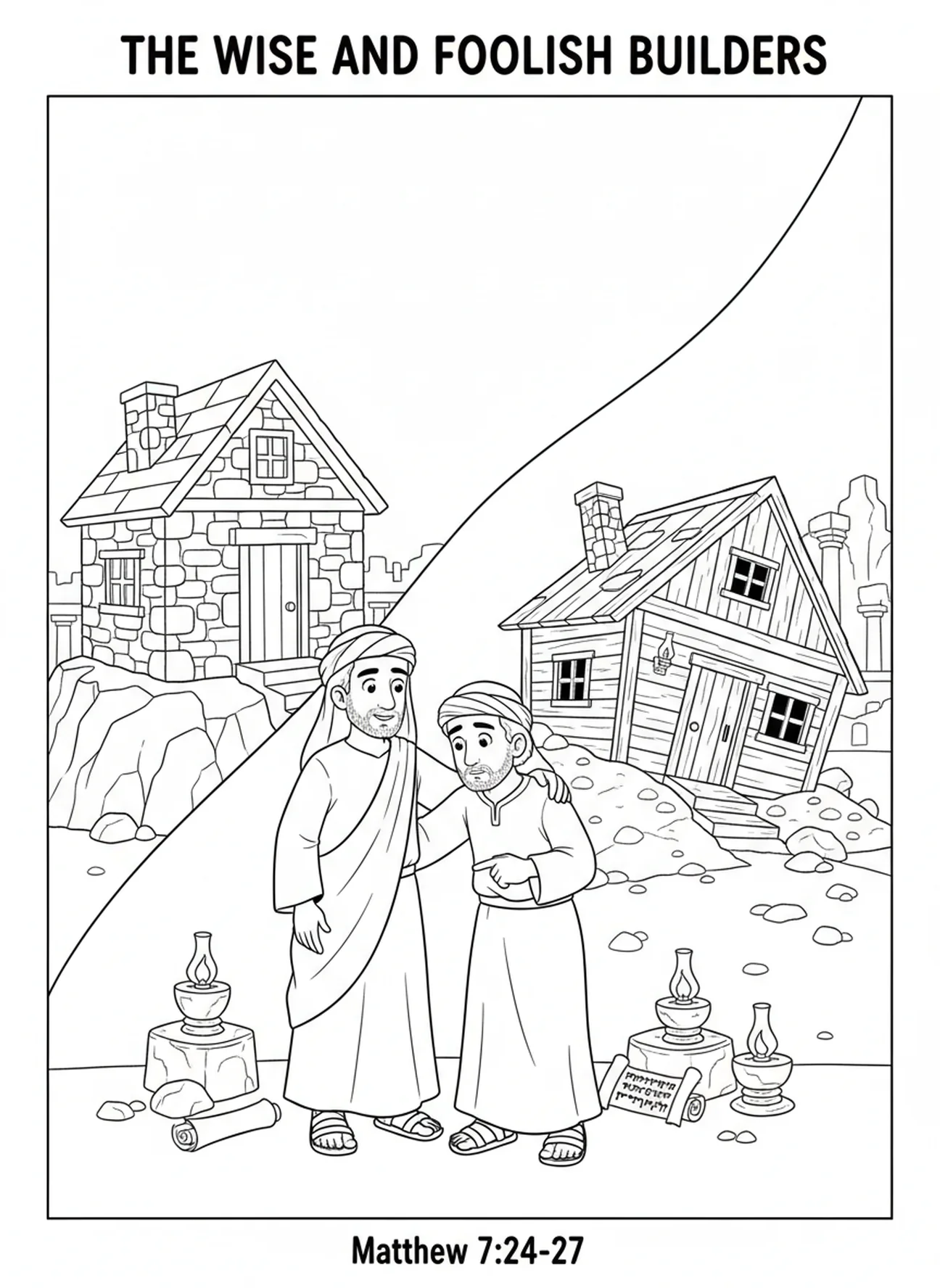 Bauer, die über ihre Entscheidungen nachdenken, Malvorlage für die klugen und törichten Bauherren für die Sonntagsschule Kinder im Alter von 5-12 Jahren.