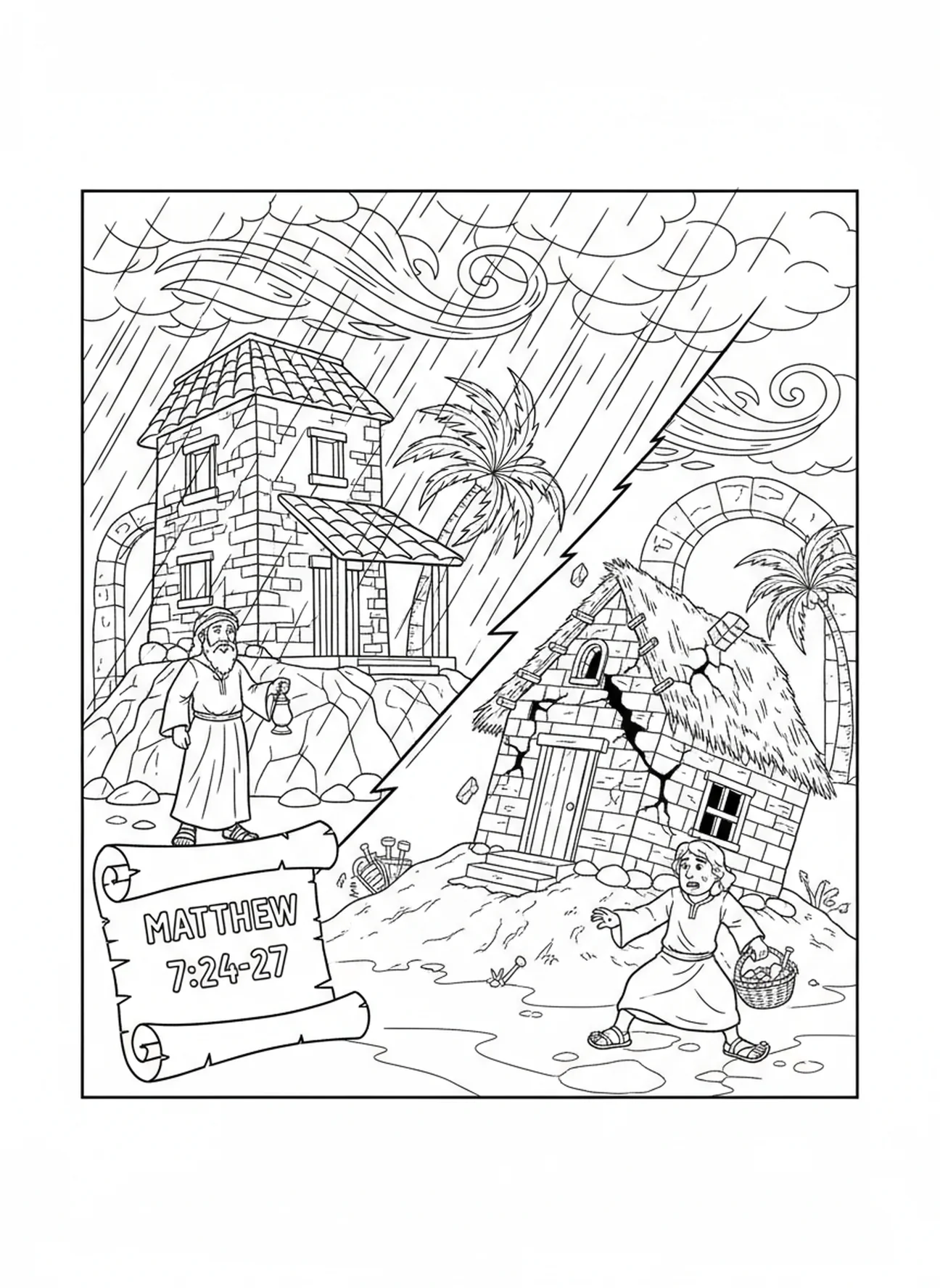 Zwei Häuser während eines Sturms, Ausmalbild der Weisen und Toren Bauherren für Sonntagsschulkinder im Alter von 5-12 Jahren.