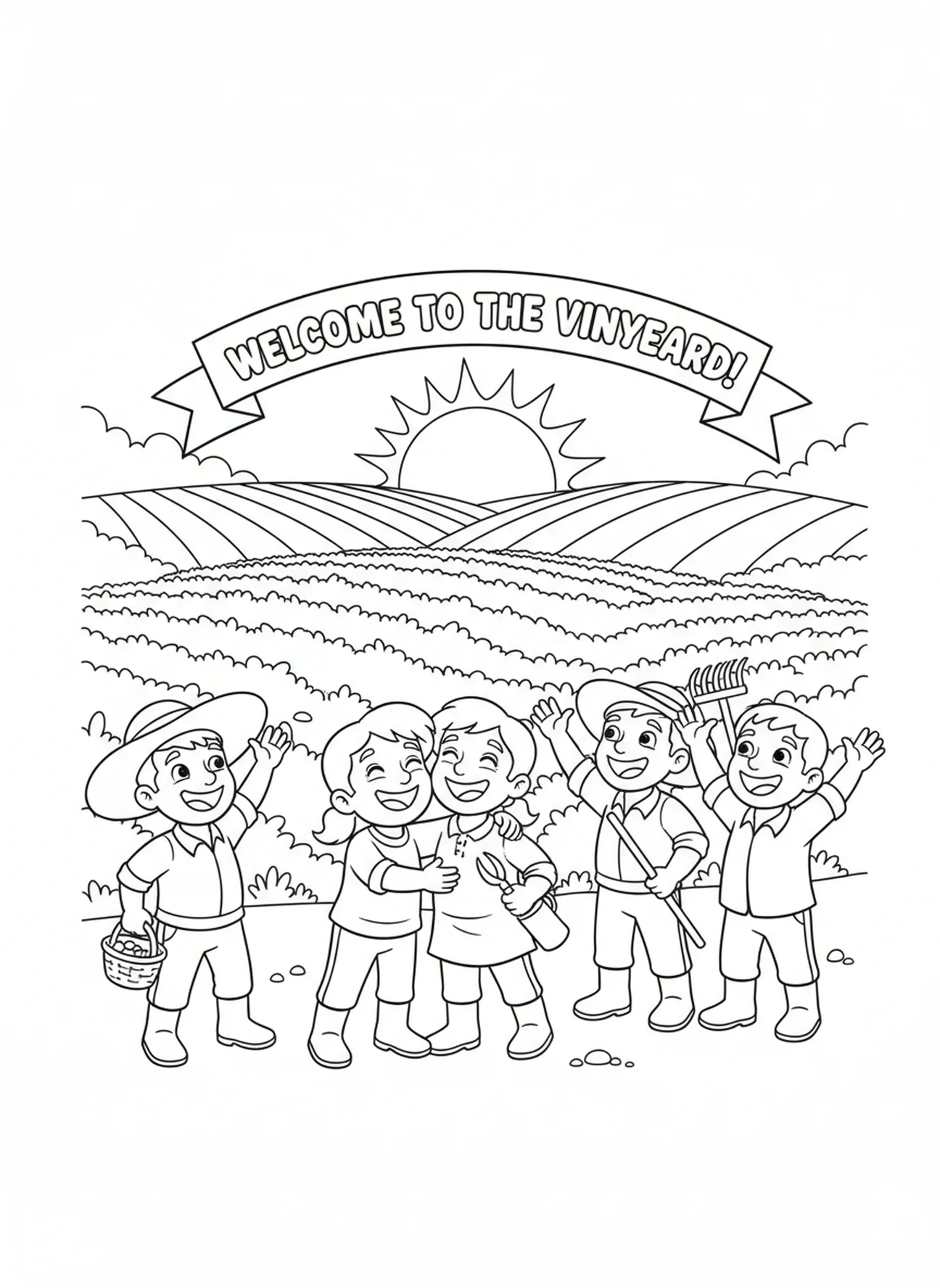 Travailleurs arrivant à différentes heures, page à colorier Travailleurs dans la Vigne pour enfants de 5 à 10 ans