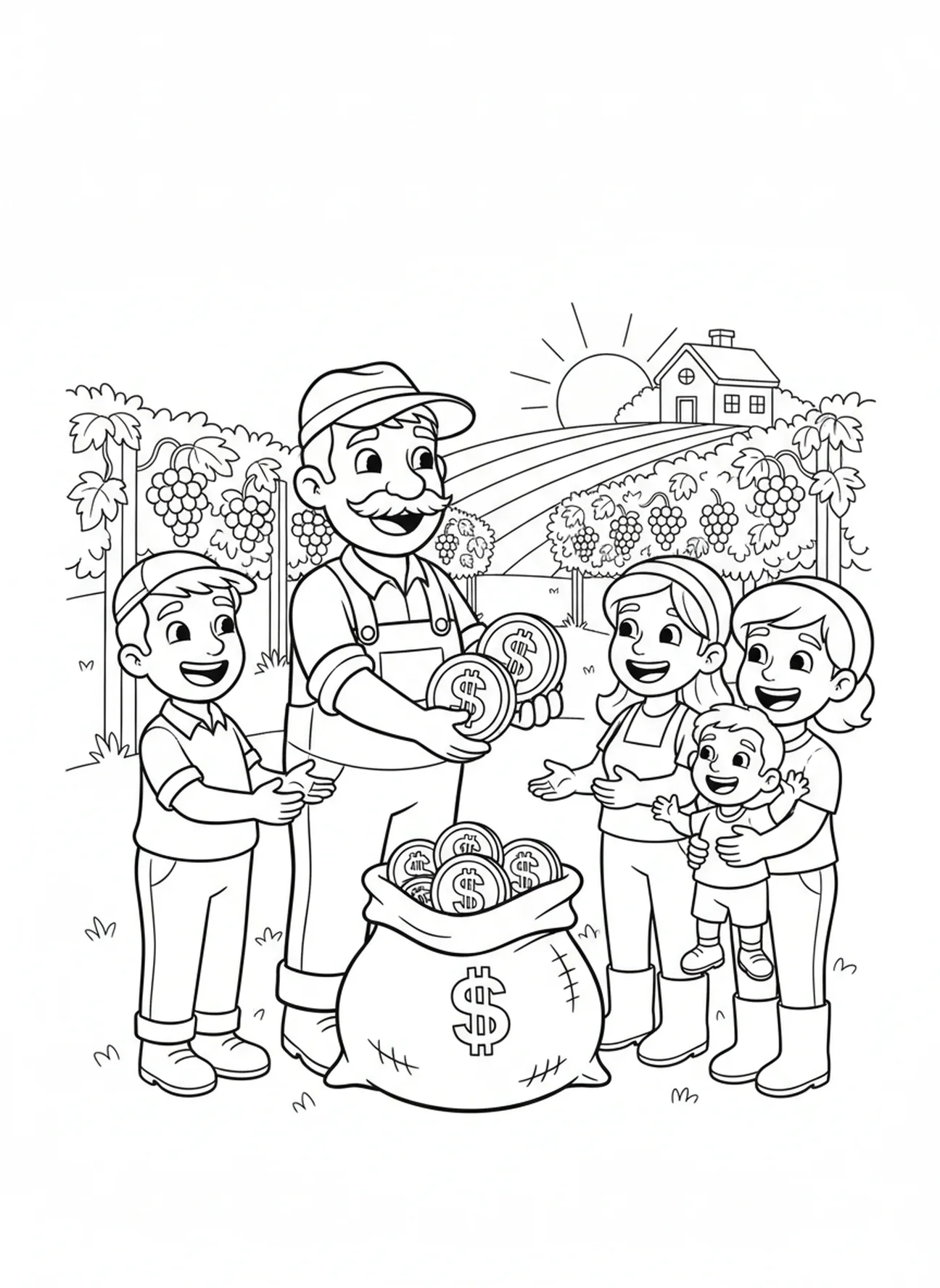 Propriétaire du vignoble payant les ouvriers, page à colorier Ouvriers dans le Vignoble pour enfants de 5 à 10 ans