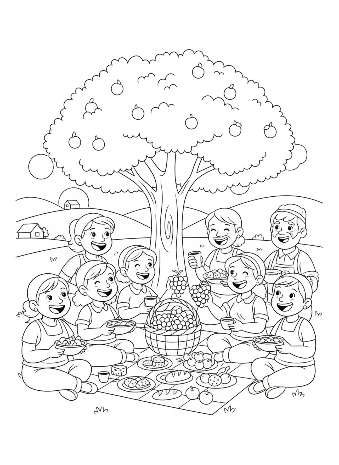 Travailleurs partageant leur récolte, page à colorier Travailleurs dans la Vigne pour enfants de 5 à 10 ans