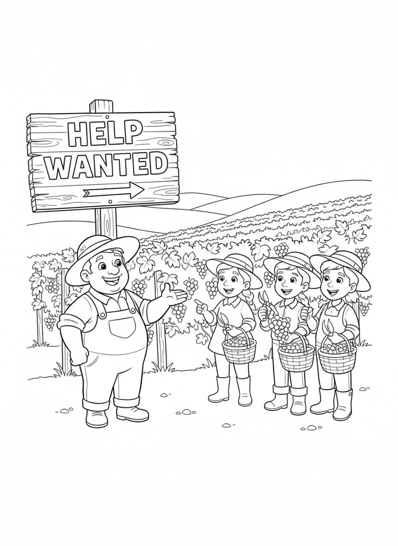 Propriétaire de vignoble joyeux, page à colorier Travailleurs dans le Vignoble pour enfants de 5 à 10 ans