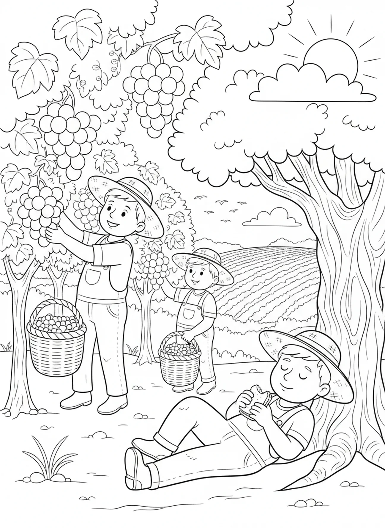Deux travailleurs de bande dessinée récoltant des raisins, page à colorier Travailleurs dans le Vignoble pour enfants de 5 à 10 ans