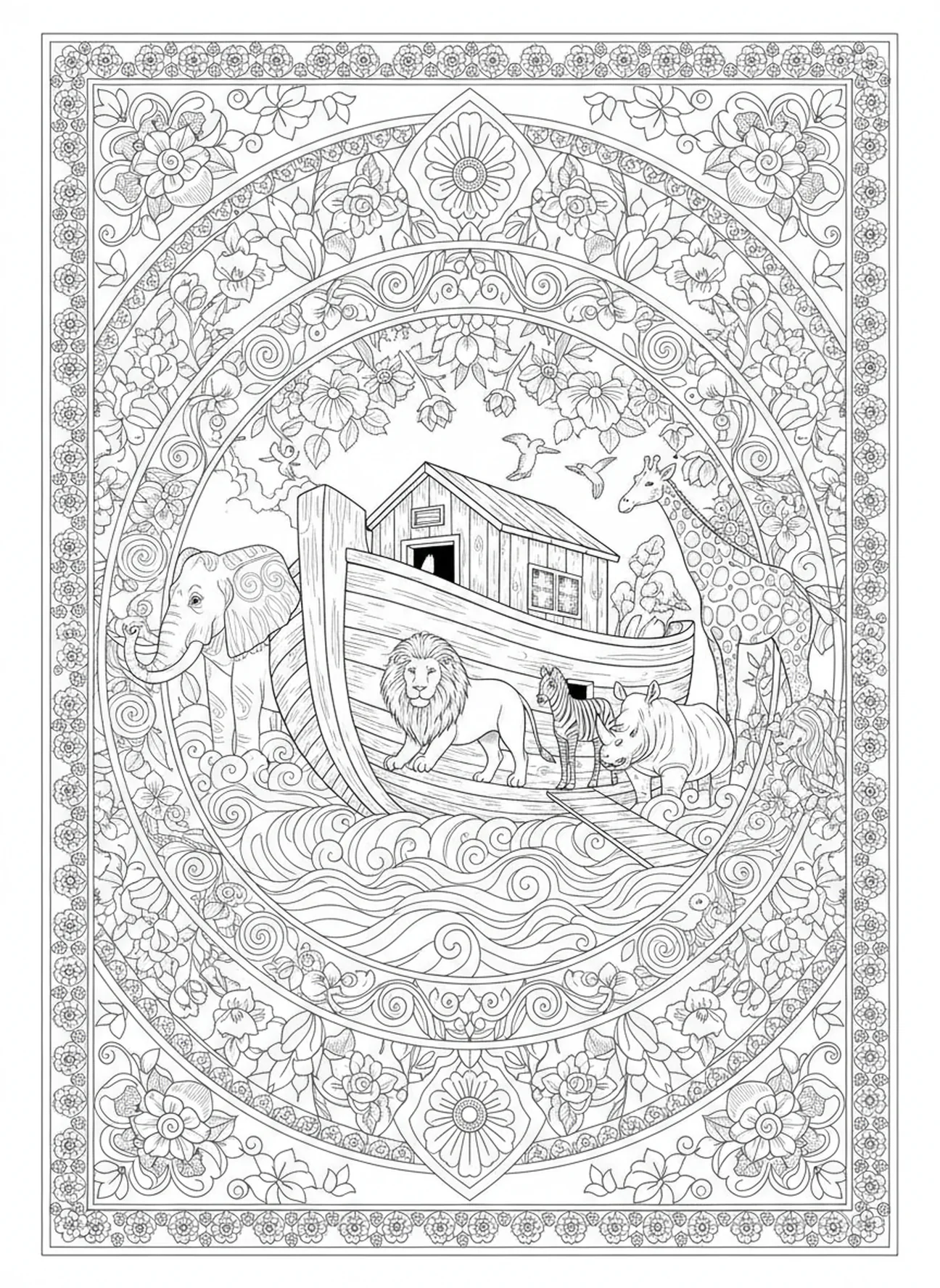 Paires d'animaux entrant dans l'arche, page à colorier sur le thème de la paix pour adultes dans un style de journal biblique.