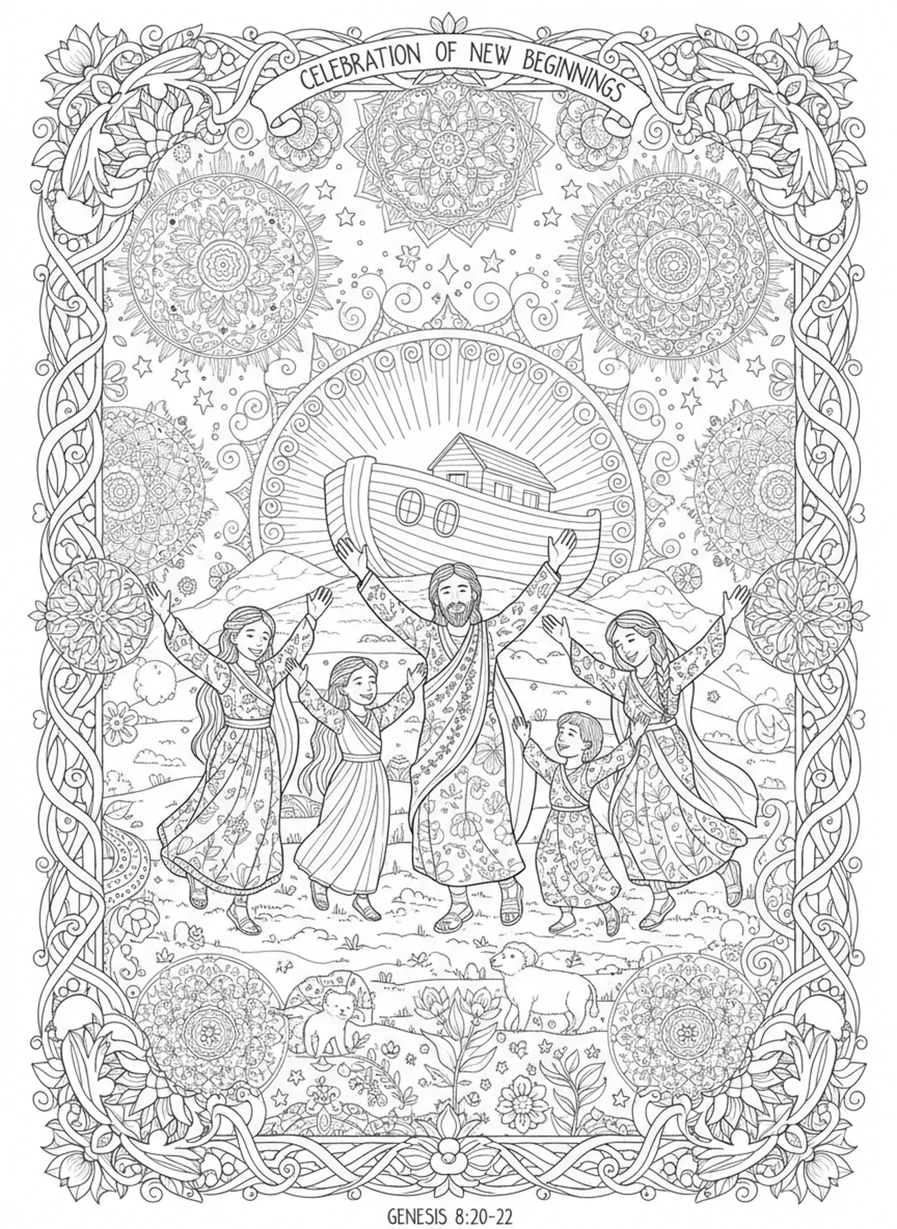 Noé et sa famille célébrant après le déluge, page à colorier sur le thème de la paix pour le style de journal biblique pour adultes.
