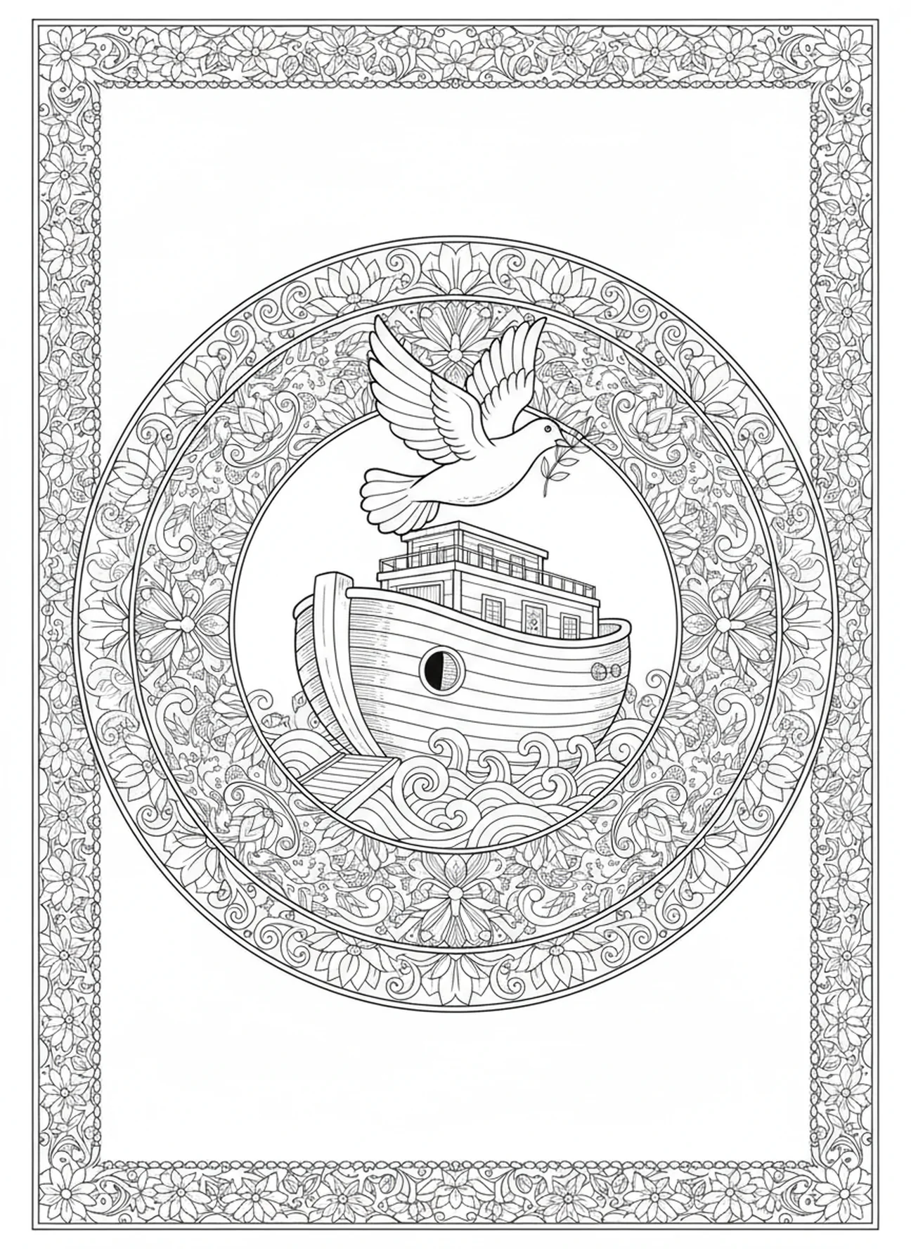 Colombe volant avec une branche d'olivier, page à colorier sur le thème de la paix pour adultes dans le style du journal biblique.