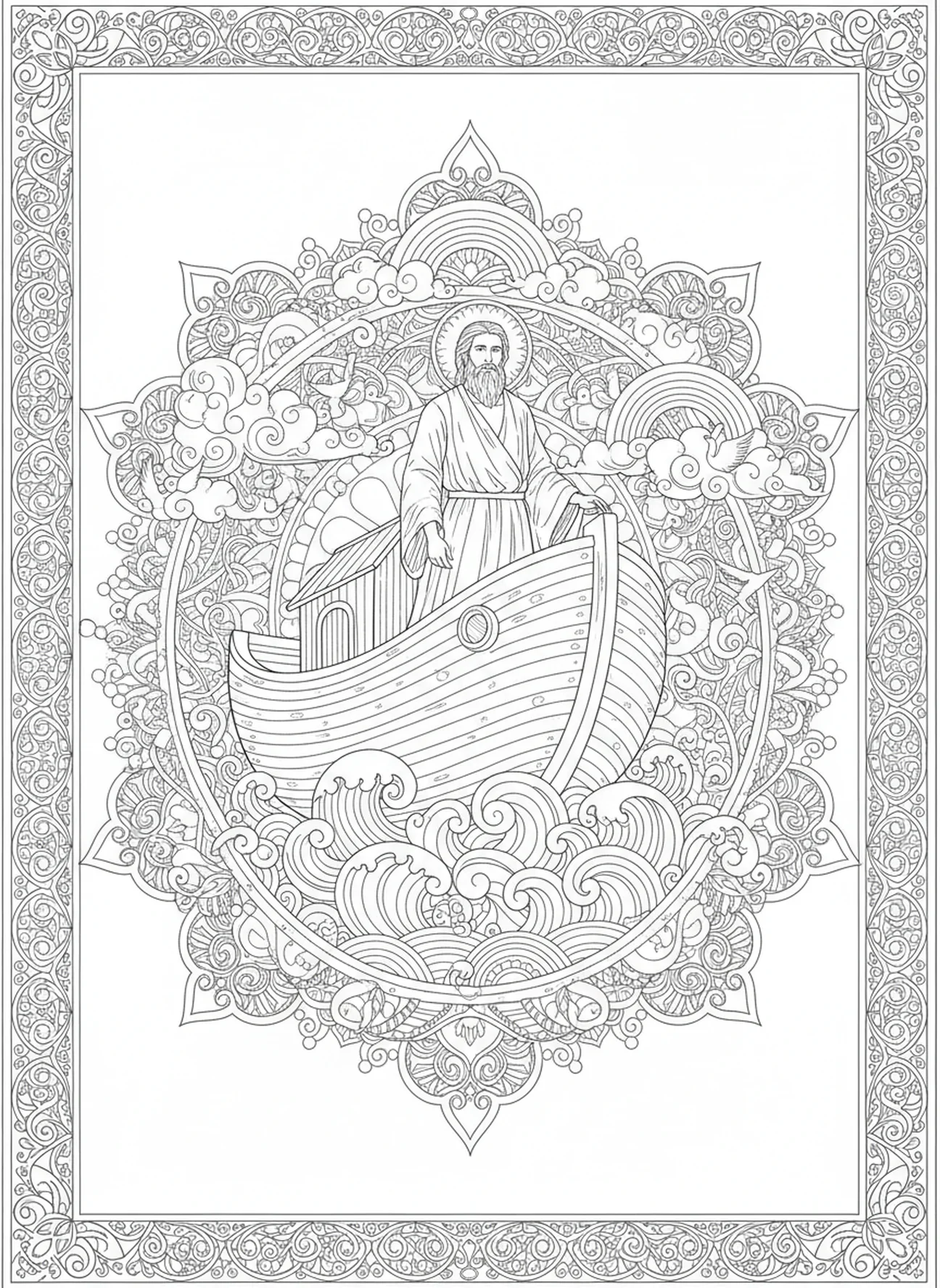 Noé se tenant sur l'arche pendant le voyage, page à colorier sur le thème de la paix pour adultes, style de journal biblique.