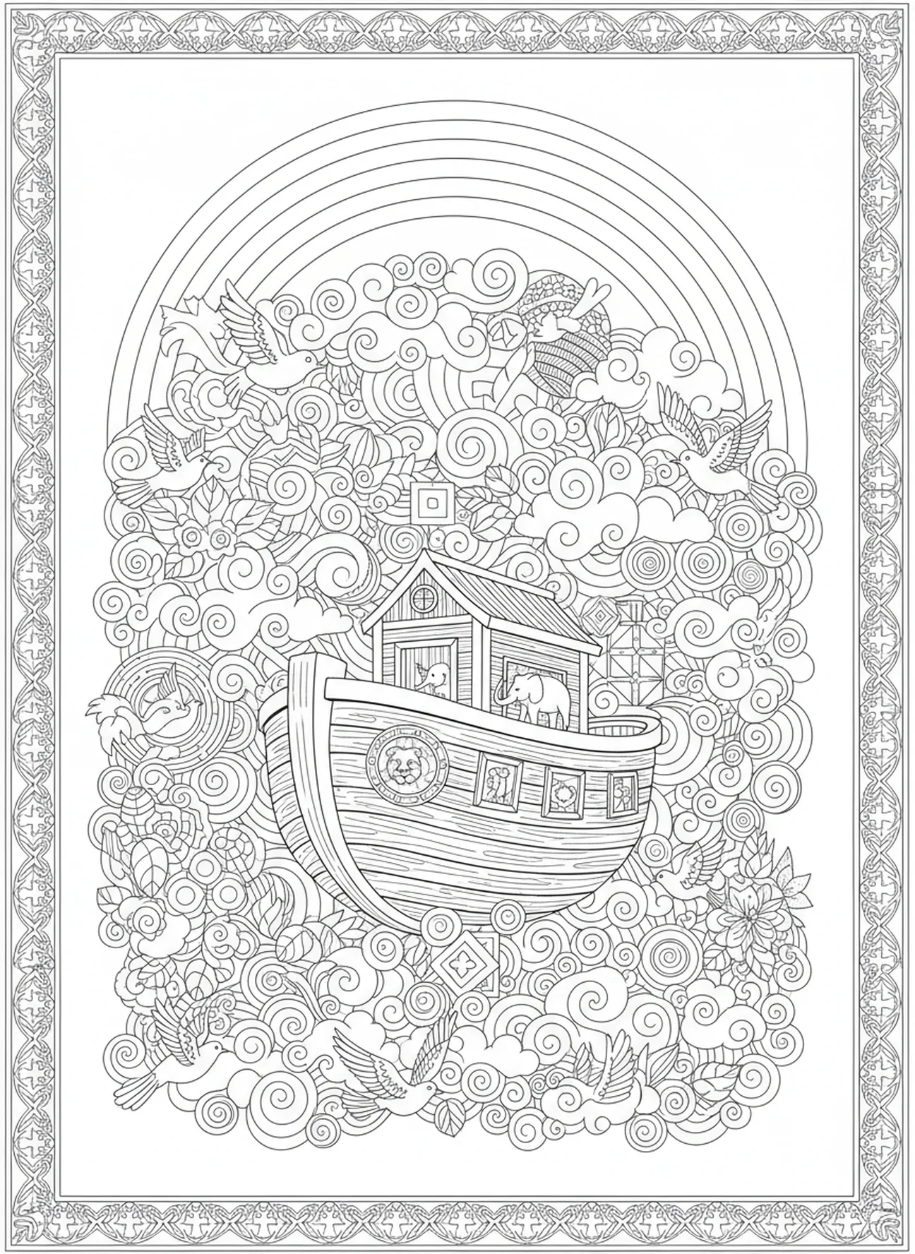 Arc-en-ciel majestueux au-dessus de l'arche, page à colorier sur le thème de la paix pour le style de journal biblique pour adultes.
