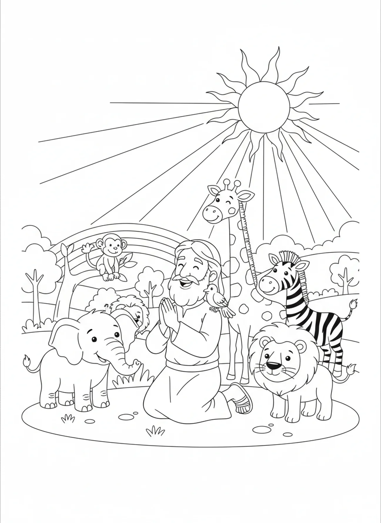Noé ajoelhado em gratidão, página para colorir com tema da Paz para crianças de 5 a 10 anos