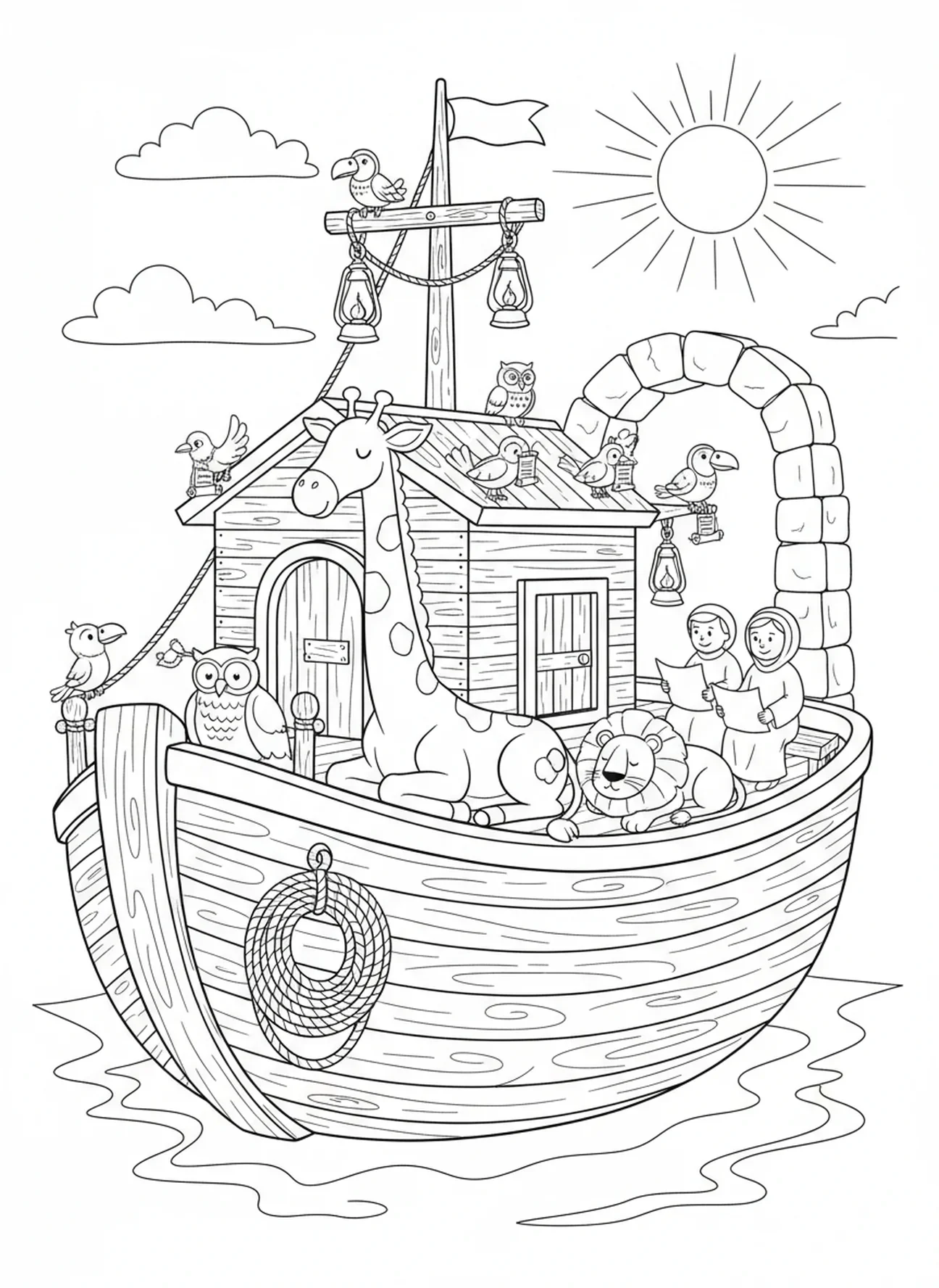 Girafes et oiseaux sur le pont, page à colorier sur la paix pour les enfants de l'École du dimanche âgés de 5 à 12 ans.