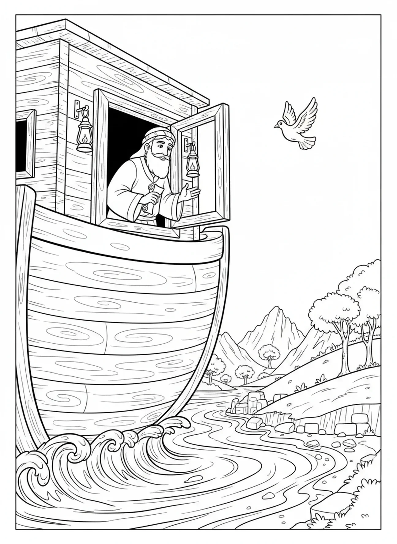 Noé regardant par l'arche, page à colorier sur la paix pour les enfants de catéchisme âgés de 5 à 12 ans.