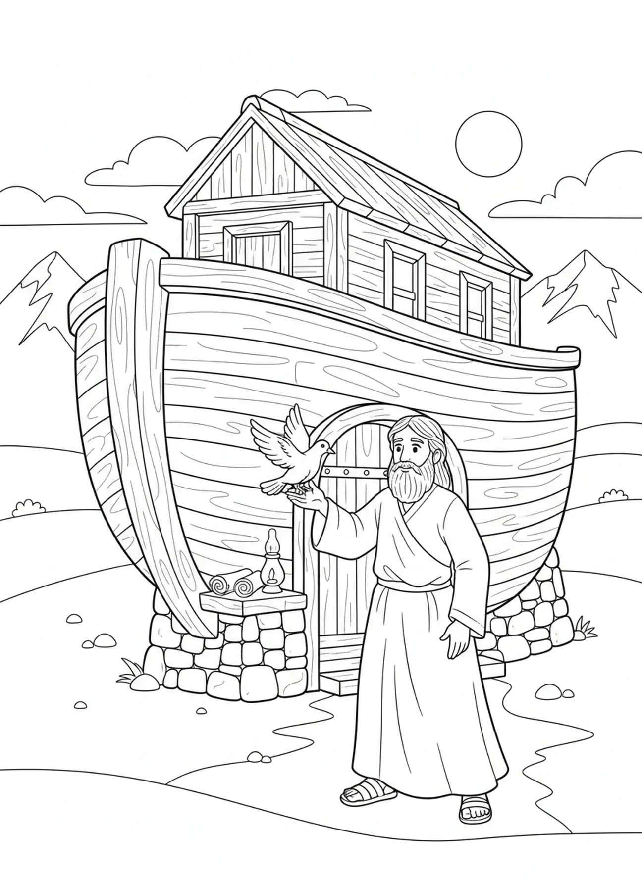 Noé libérant une colombe, page à colorier sur la paix pour les enfants de l'École du dimanche âgés de 5 à 12 ans.