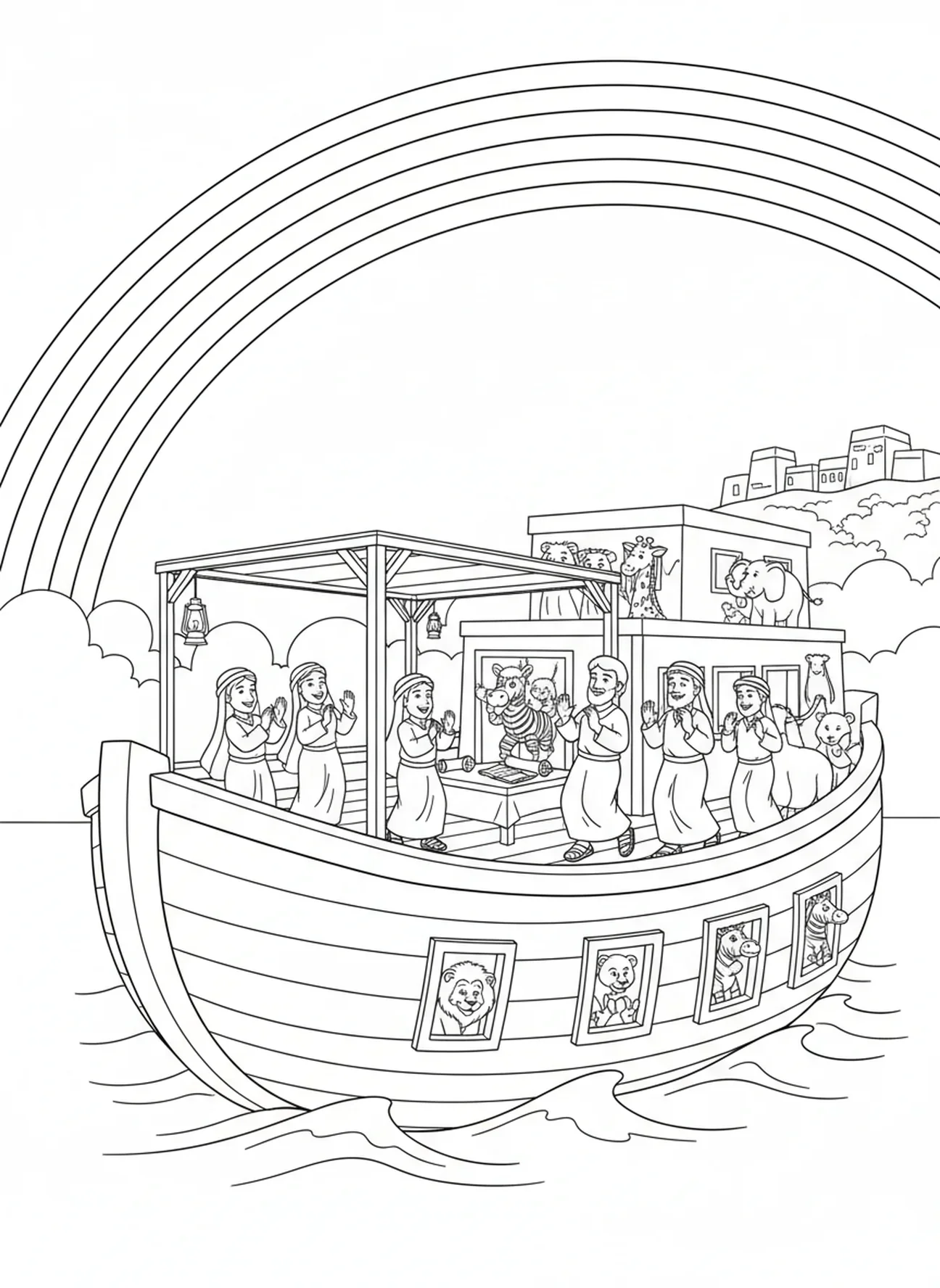 Arc-en-ciel coloré, page à colorier sur la paix pour les enfants de l'École du dimanche âgés de 5 à 12 ans.