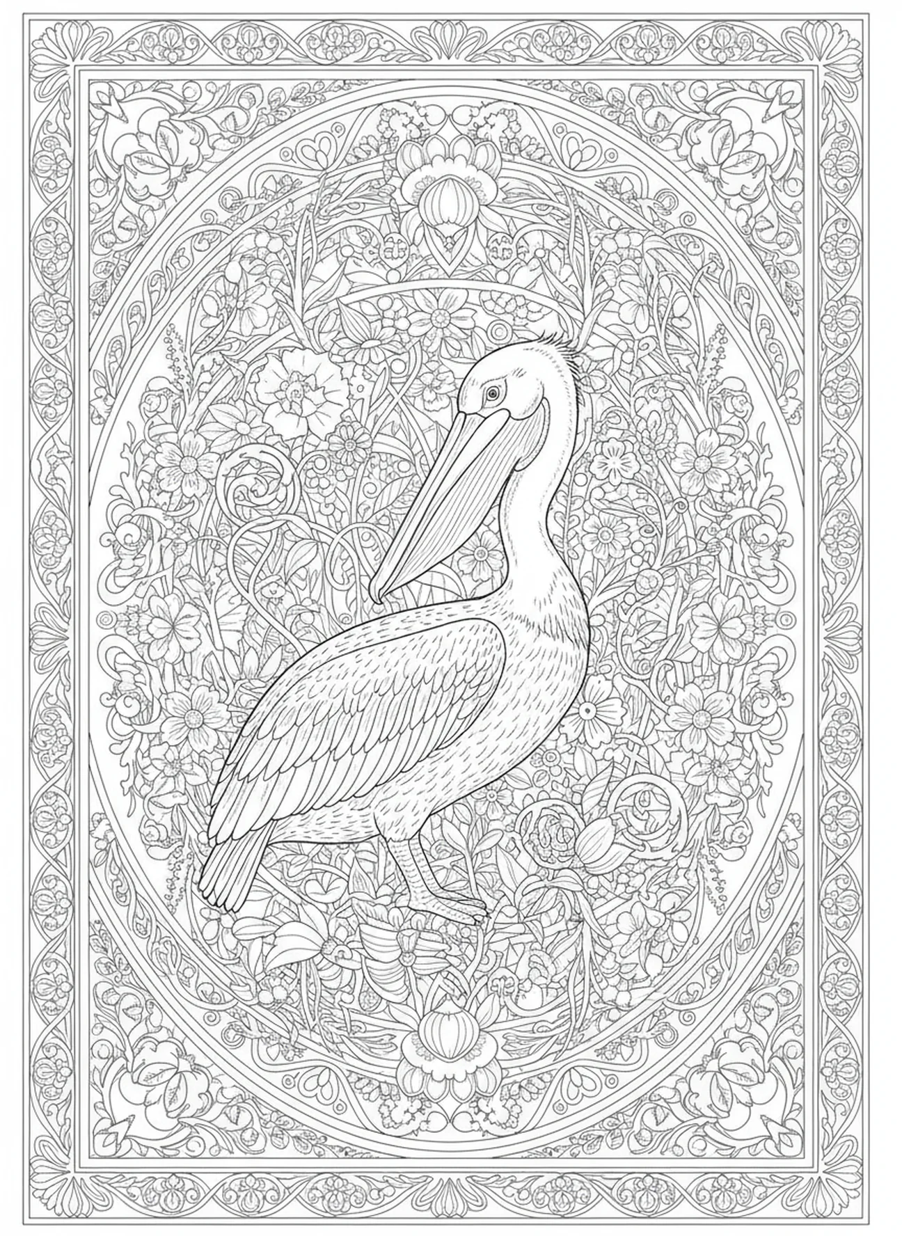 Pelícano acurrucado entre flores, página para colorear símbolo de pelícano para adultos en estilo de journaling bíblico