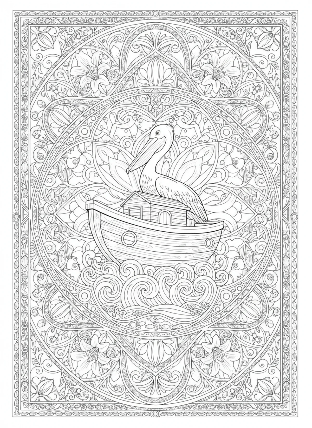 Pelícano posado en el arca, página para colorear símbolo del pelícano para adultos en estilo de journaling bíblico