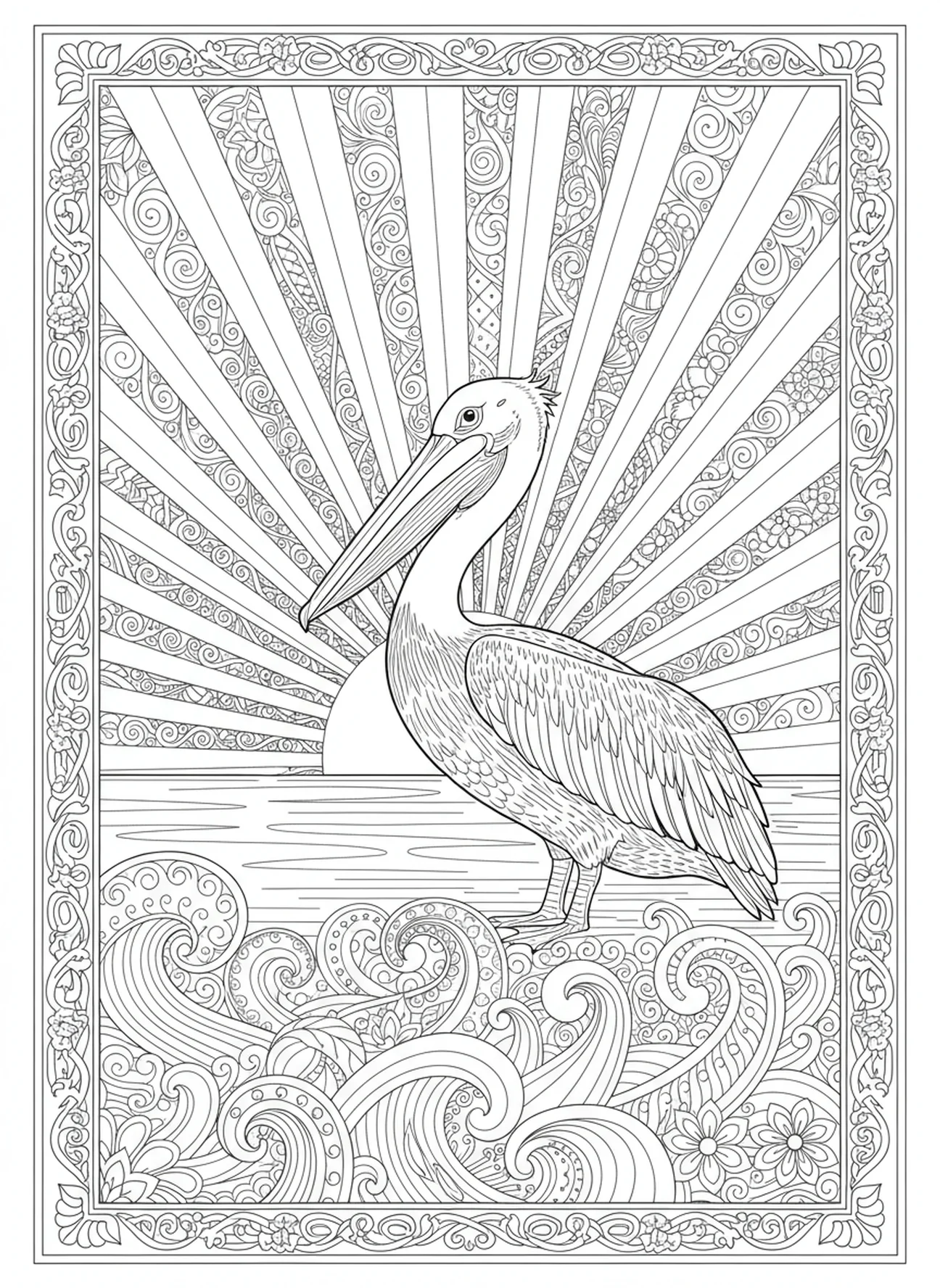 Pelícano junto al agua al amanecer, página para colorear símbolo del pelícano para adultos en estilo de diario bíblico