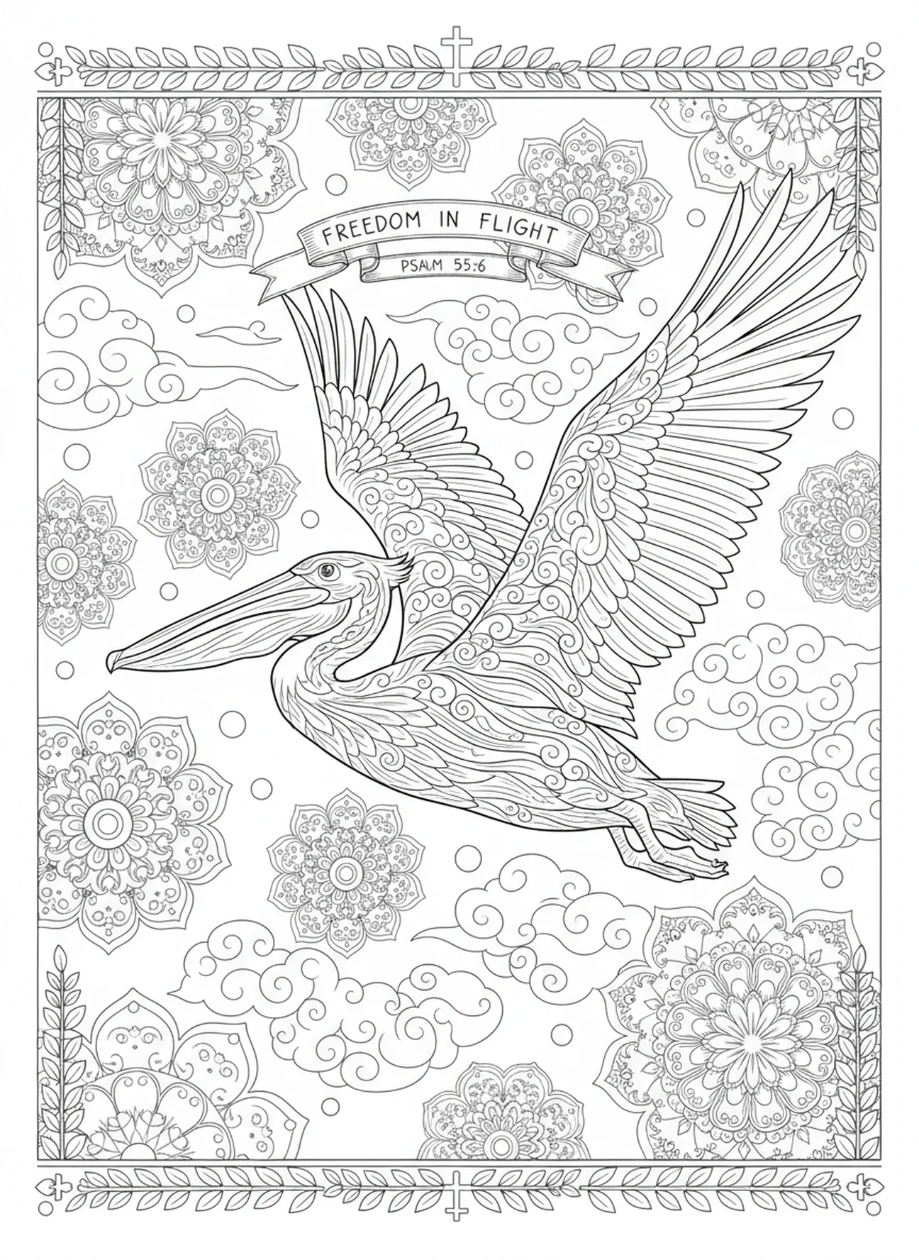 Pelícano volando en el aire, página para colorear símbolo del pelícano para adultos en estilo de journaling bíblico