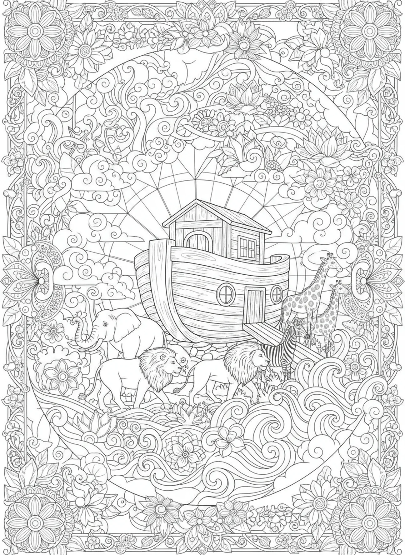 Paires d'animaux entrant dans l'arche, page à colorier Persévérance pour adultes dans le style du journal biblique.