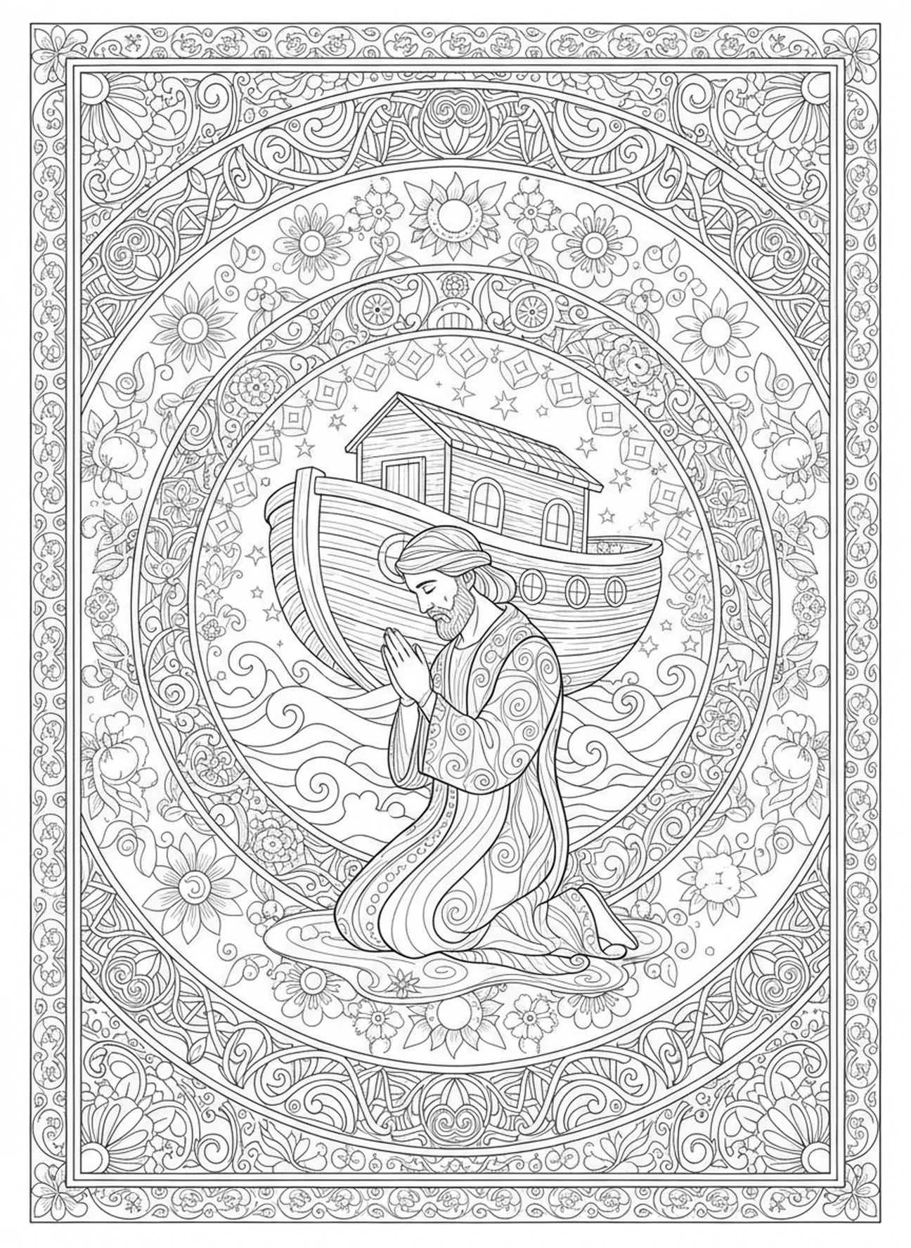 Noé priant avec l'arche, page à colorier sur la persévérance pour adultes dans le style du journal biblique.