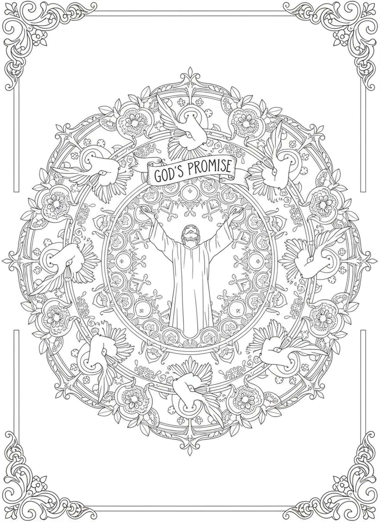 Noé recevant la promesse de Dieu, page à colorier Persévérance pour adultes dans un style de journal biblique.