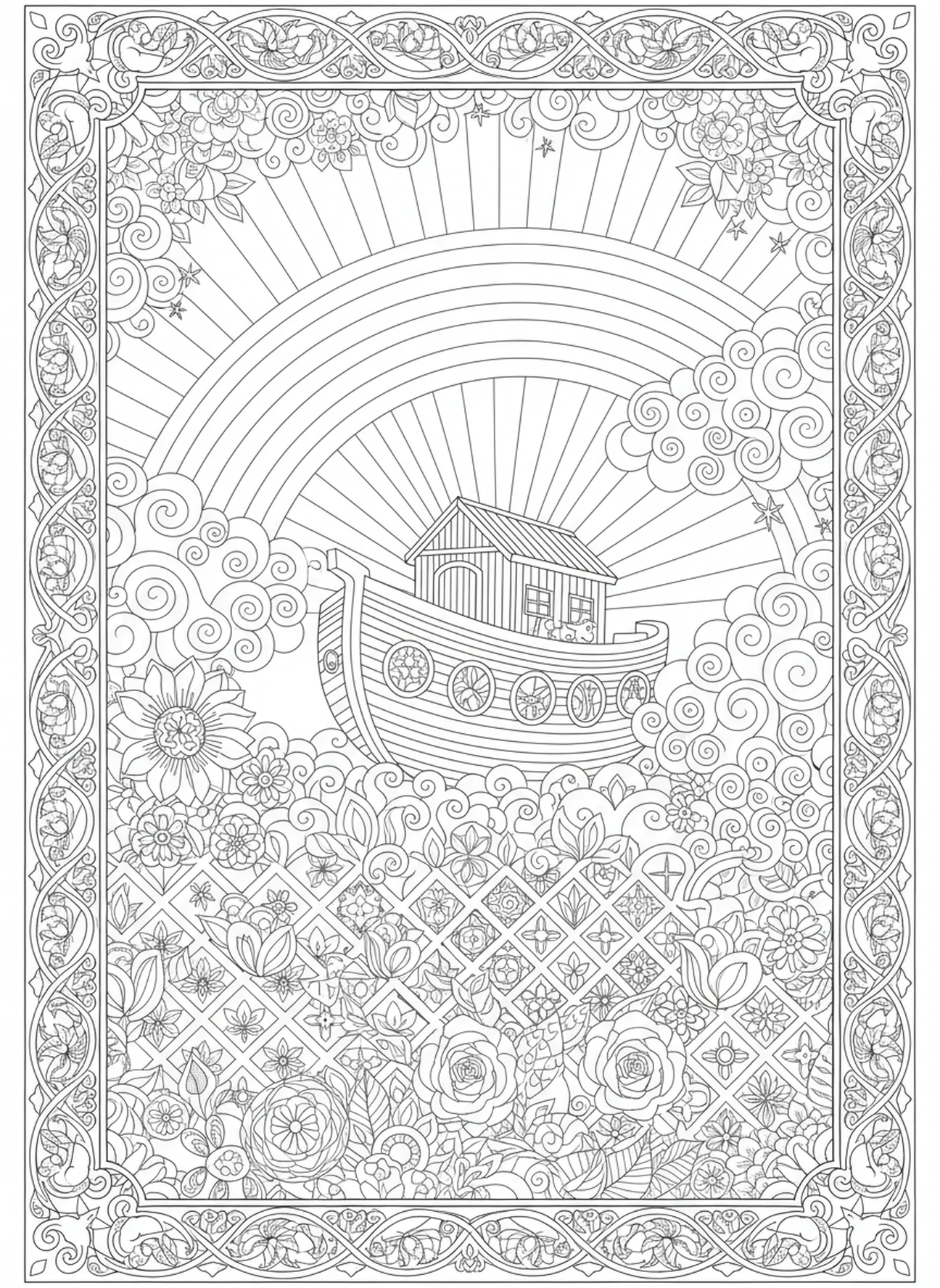 Arc-en-ciel au-dessus de l'arche, page à colorier Persévérance pour adultes dans le style du journal biblique.