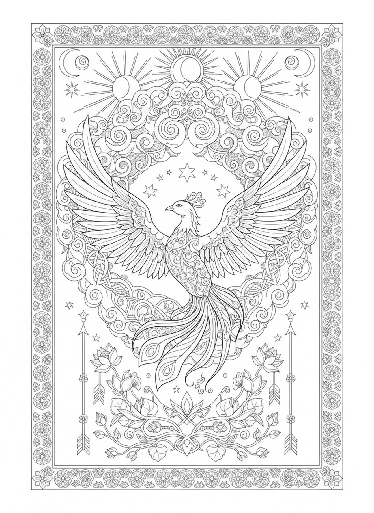 Phönix, der in den Himmel aufsteigt, Ausmalbild zur Auferstehung des Phönix im Stil des Bibel-Journaling für Erwachsene.