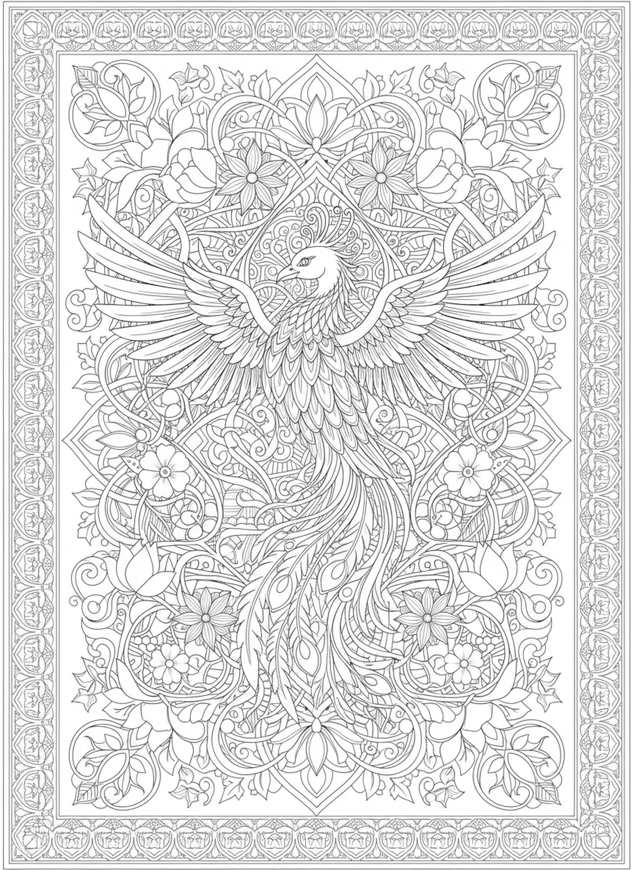 Phönix mit Symbolen der Wiedergeburt, Ausmalbild zur Phönix-Resurrection im Stil des Bibeljournaling für Erwachsene.