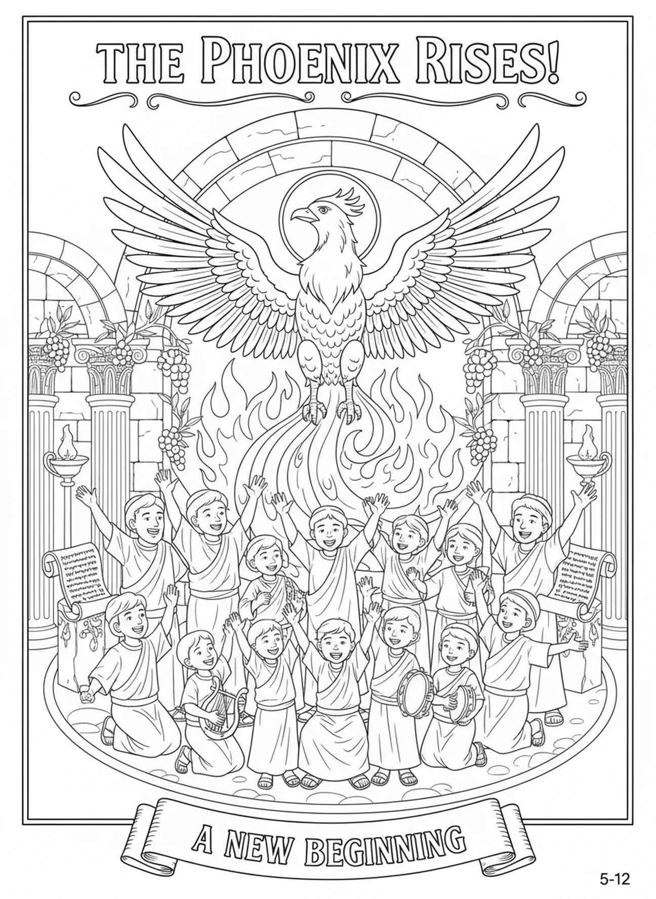 Reunião alegre celebrando a fênix, página para colorir sobre a Ressurreição da Fênix para crianças da Escola Dominical de 5 a 12 anos.