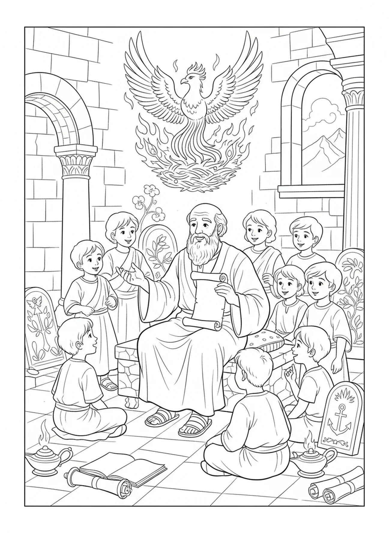 Ancião sábio compartilhando a história da fênix, página de colorir sobre a Ressurreição da Fênix para crianças da Escola Dominical de 5 a 12 anos.