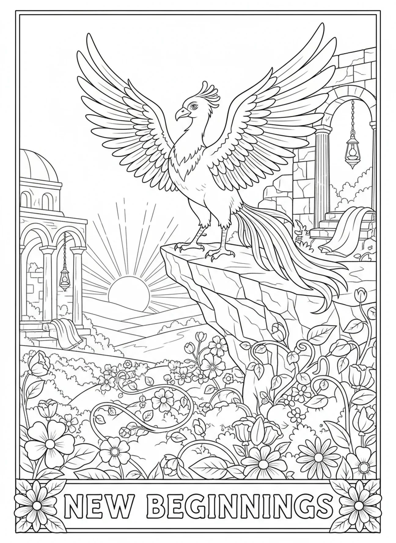Fênix empoleirada sobre um vale florido, página para colorir da Ressurreição da Fênix para crianças da Escola Dominical de 5 a 12 anos.