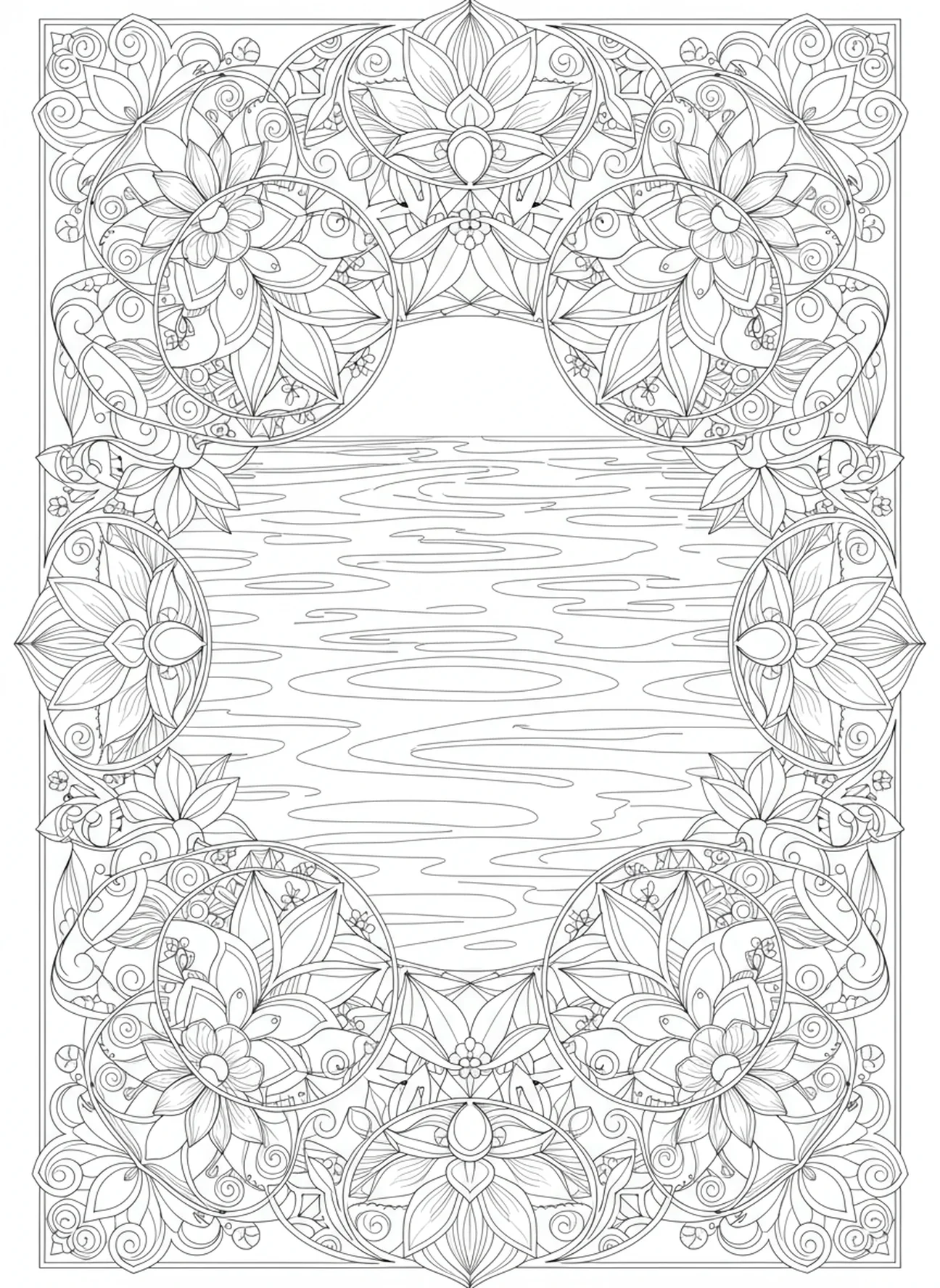 Scène de lac serein symbolisant la réflexion, page à colorier Acte de contrition pour adultes dans un style de journal biblique