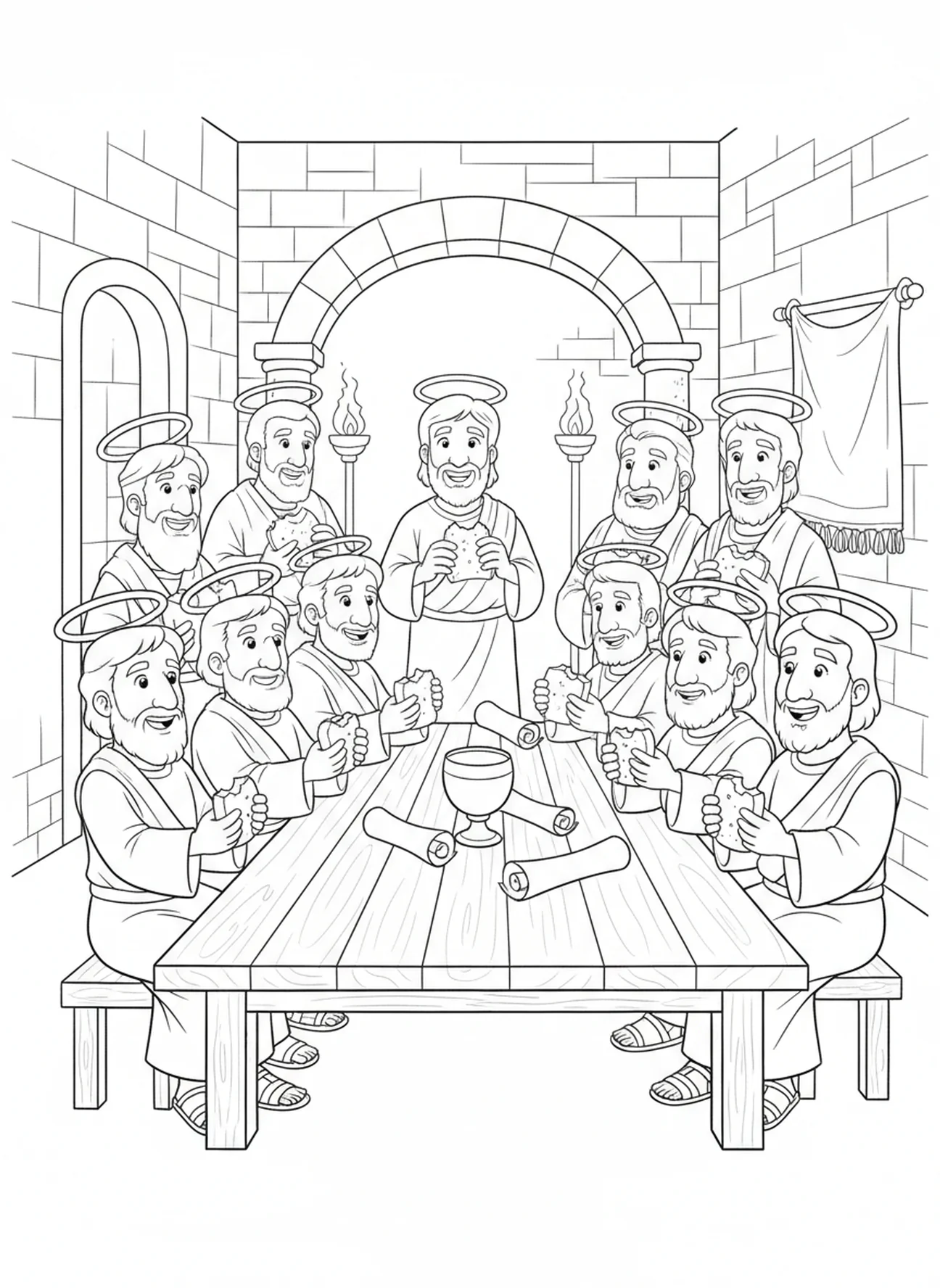 Apóstolos compartilhando pão, página de colorir do Credo Apostólico para crianças da Escola Dominical de 5 a 12 anos.