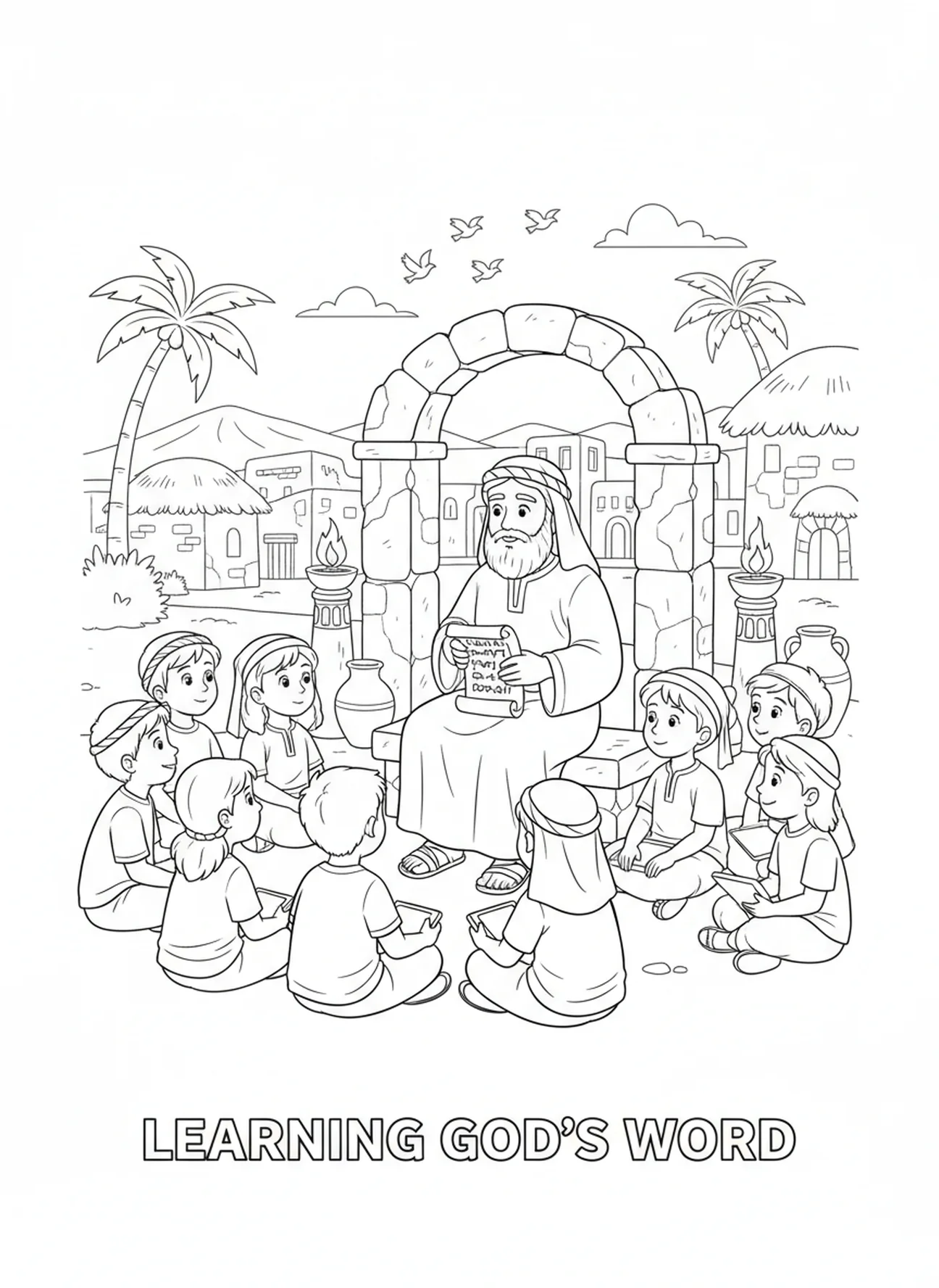 Apóstolo ensinando crianças, página de colorir do Credo dos Apóstolos para crianças da Escola Dominical de 5 a 12 anos.