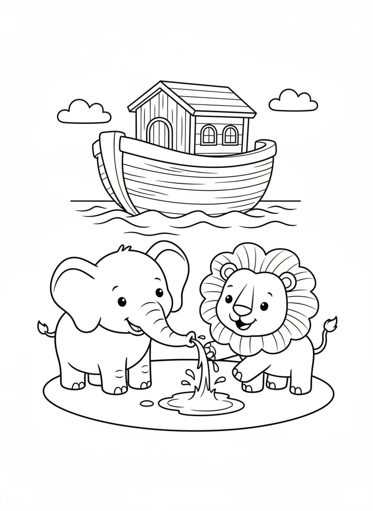 Elefante y león de dibujos animados, página para colorear de la oración de la noche Ahora acuesto