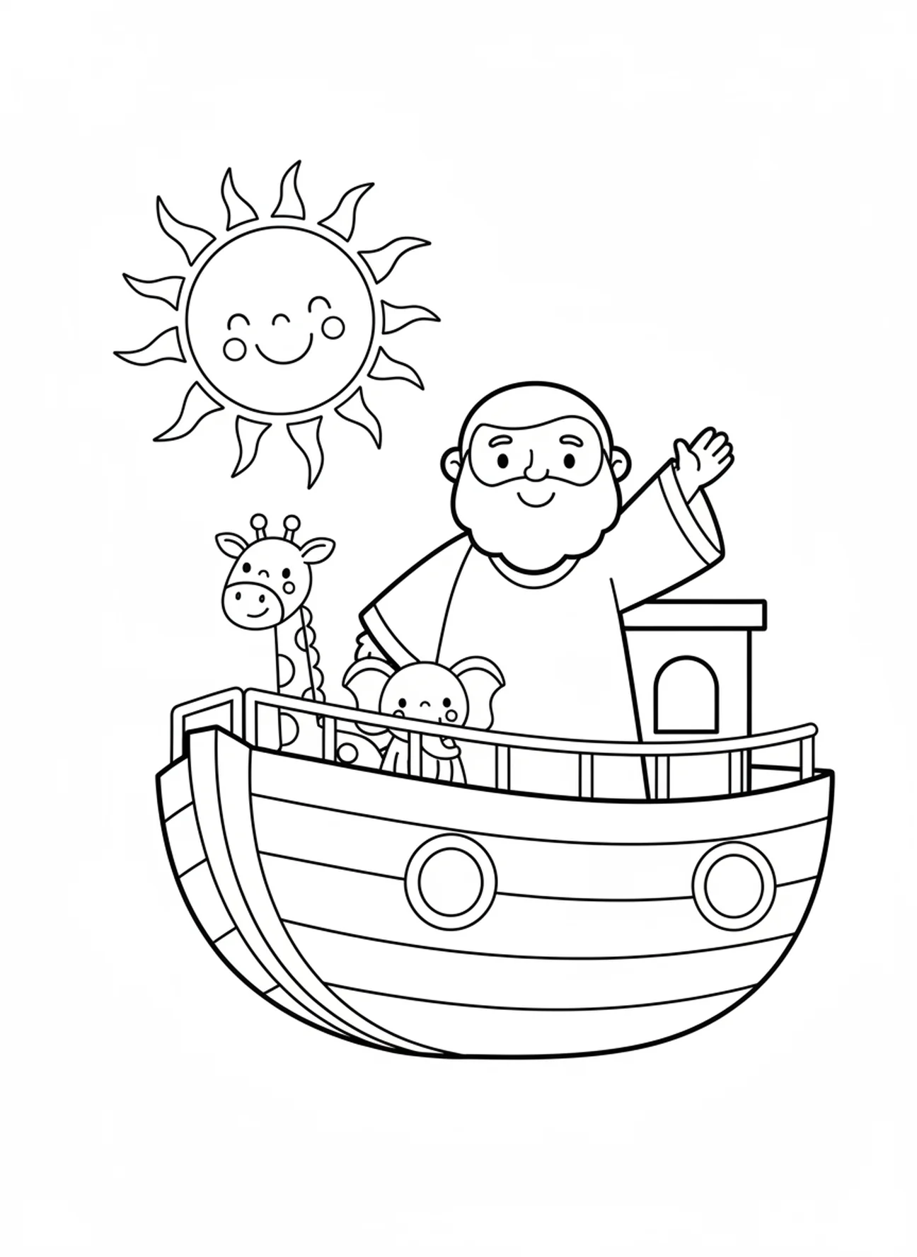 Noé saludando en el arca, página para colorear de la Oración de Buenas Noches Ahora Yo Yago para niños de 3 a 5 años