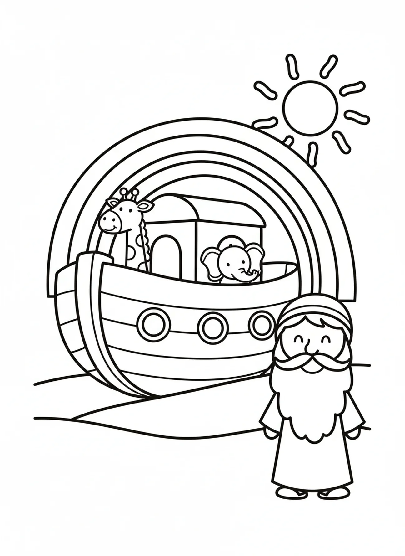 Arcoíris sobre el arca, página para colorear de la Oración de Buenas Noches Ahora Yo Acuesto para niños de 3 a 5 años