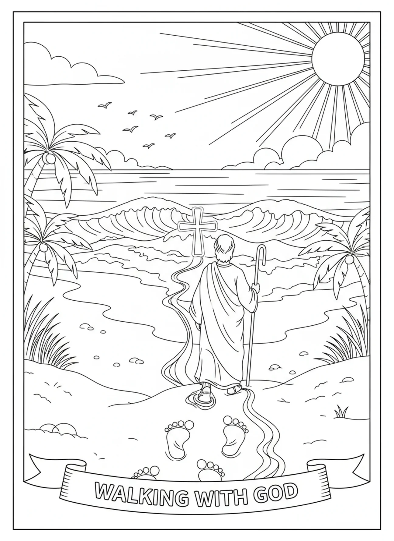 Empreintes dans le sable, page à colorier Empreintes dans le sable pour les enfants de l'École du dimanche âgés de 5 à 12 ans