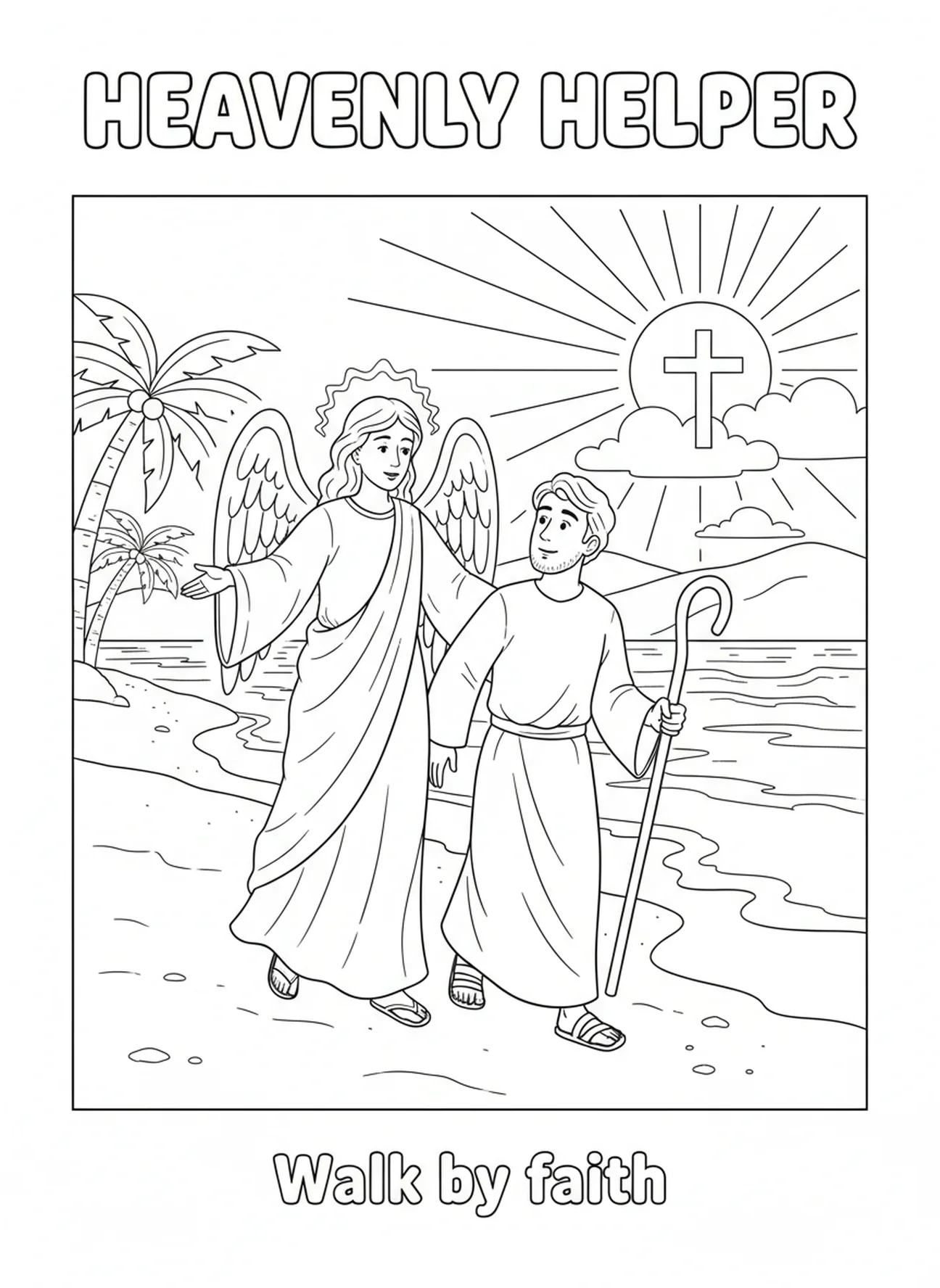 Figure céleste apparaissant, page à colorier Empreintes dans le sable pour les enfants de l'École du dimanche âgés de 5 à 12 ans