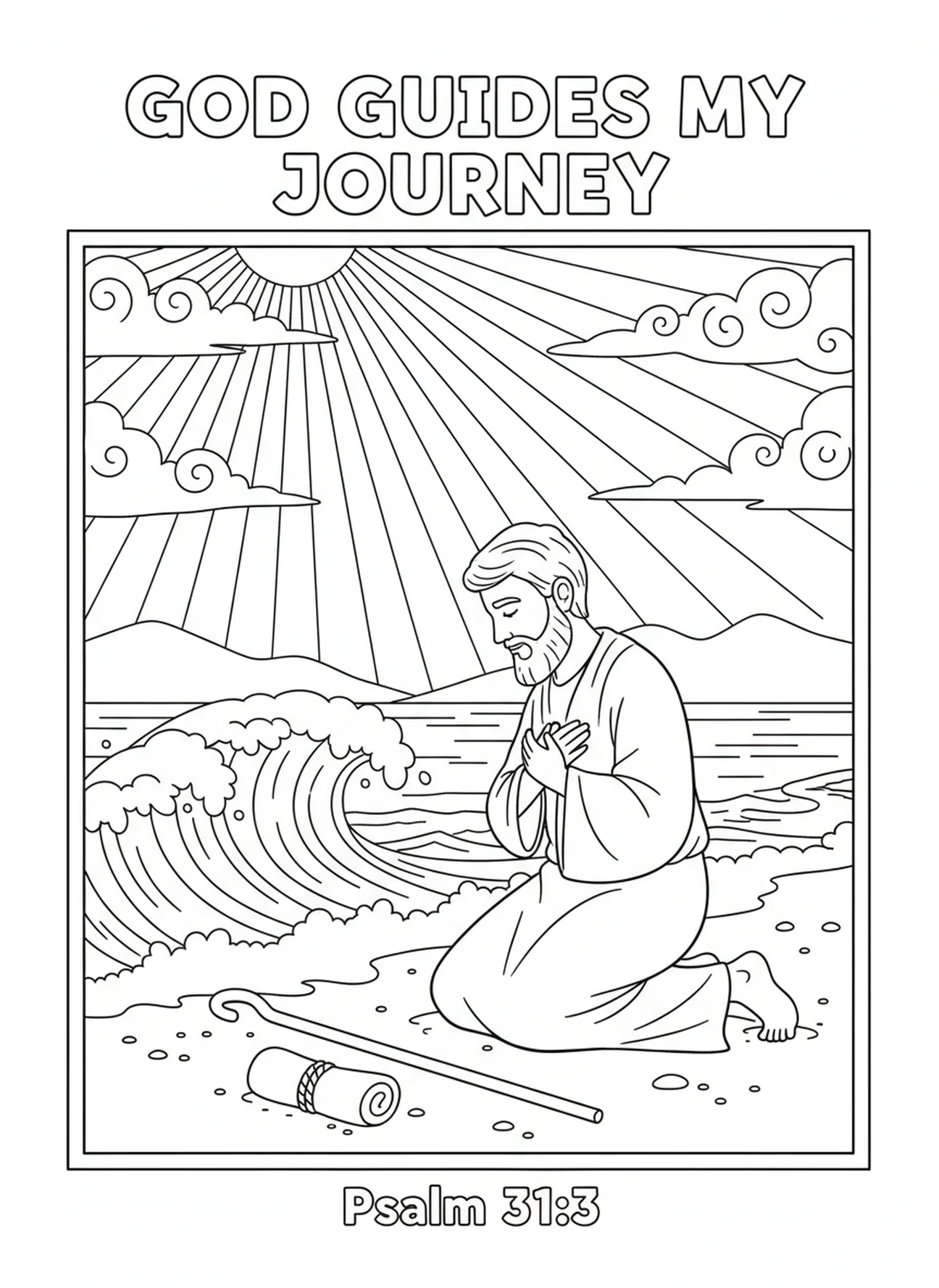 Homme réfléchissant sur son parcours, page à colorier Empreintes dans le Sable pour les enfants de l'École du dimanche âgés de 5 à 12 ans