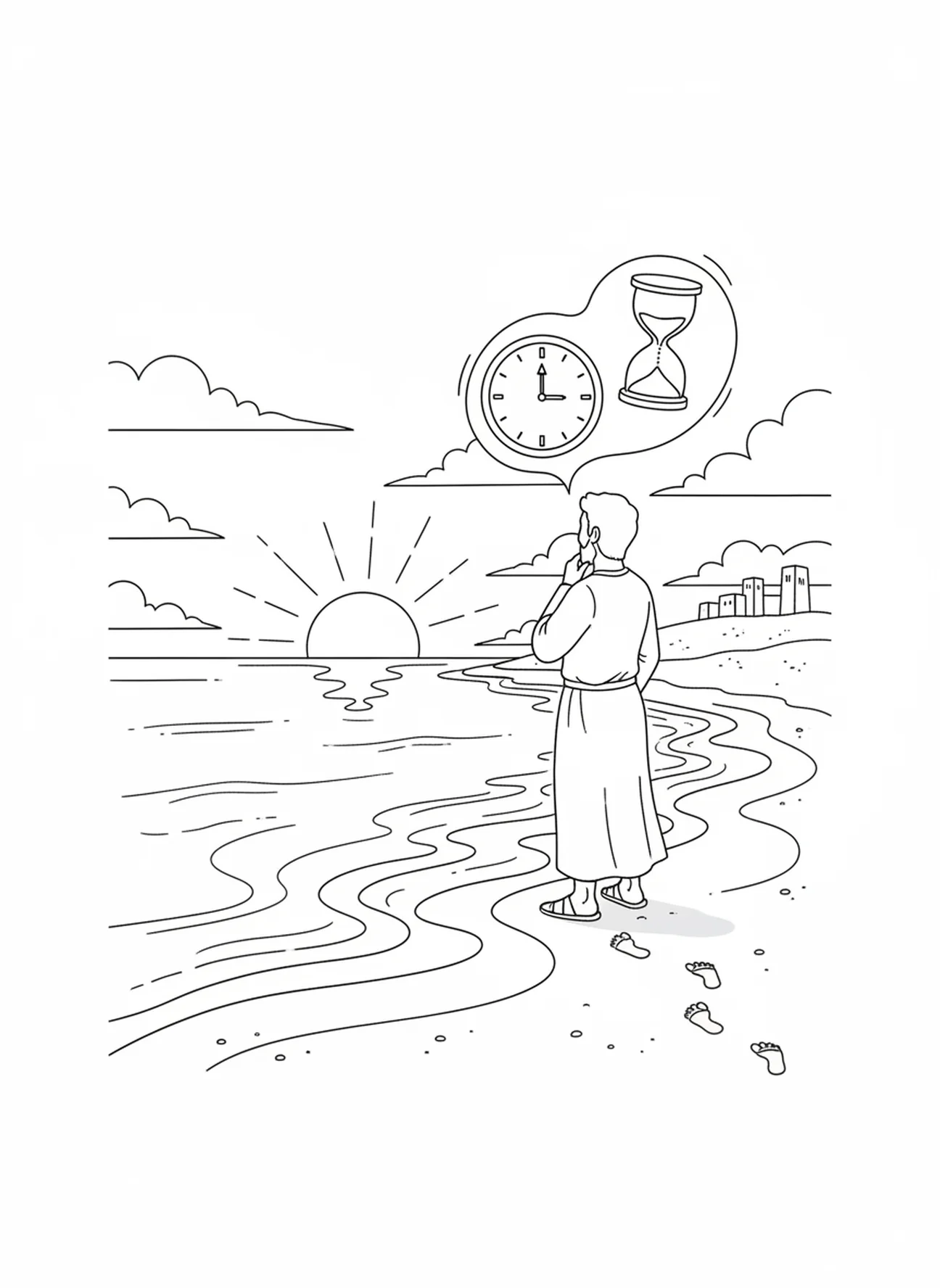 Des vagues effaçant des empreintes, page à colorier Empreintes dans le Sable pour les enfants de l'École du dimanche âgés de 5 à 12 ans
