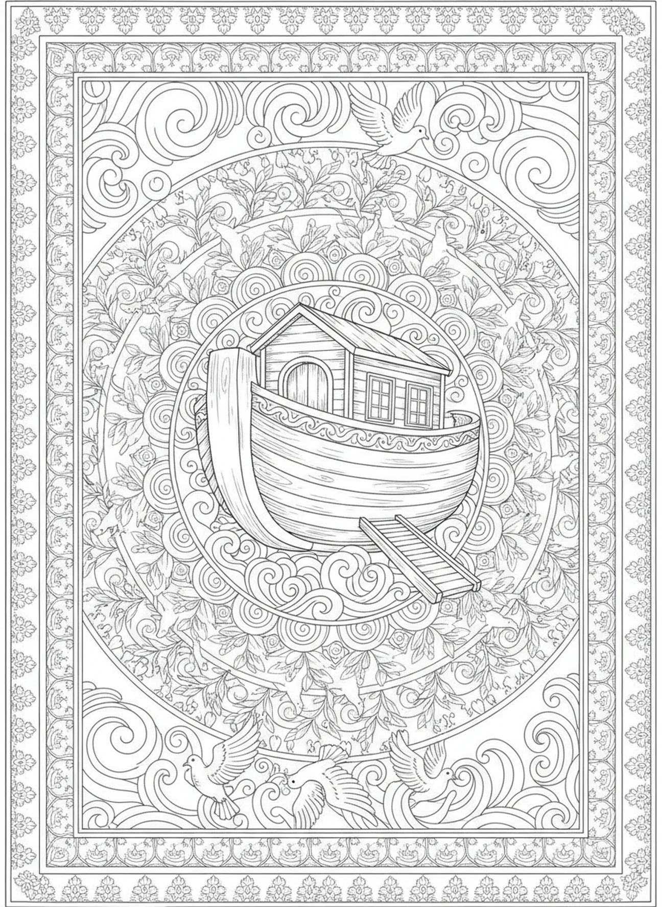 Färbebild von Noahs Arche und dem Ehre sei Gott Gebet im Stil des Bibel-Journaling für Erwachsene