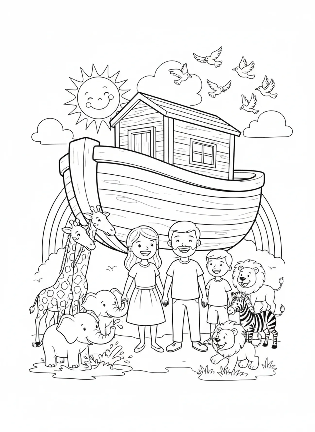 Glückliche Familie, Ausmalbild des Gebets ‚Ehre sei Gott‘ für Kinder im Alter von 5-10 Jahren