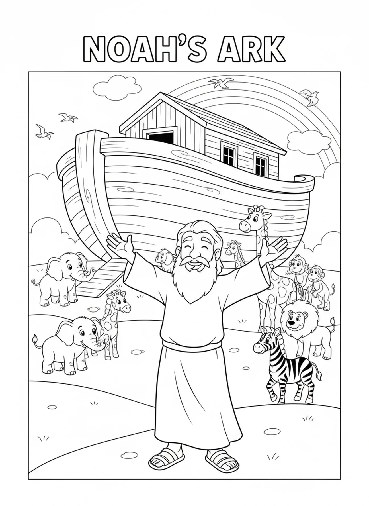 Noah hebt die Hände, Ausmalbild des Ehre sei Gott Gebets für Kinder im Alter von 5-10 Jahren