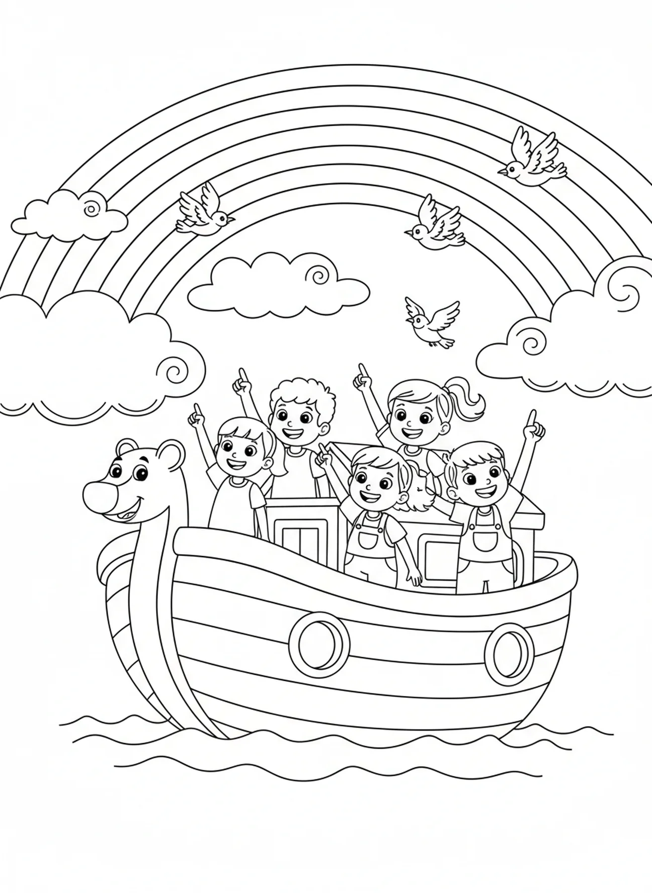 Regenbogen über der Arche, Ausmalbild des Ehre sei Gott Gebets für Kinder im Alter von 5-10 Jahren