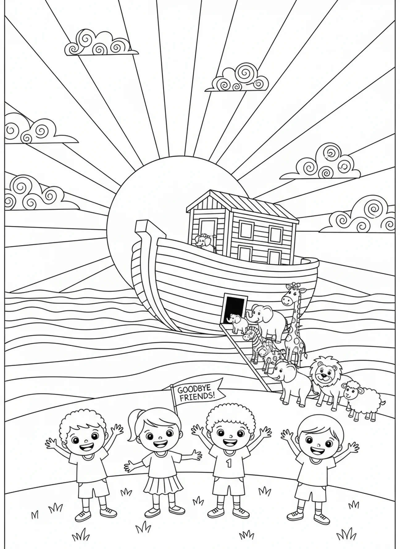 Sonnenuntergang über der Arche, Ausmalbild des Ehre sei Gott Gebets für Kinder im Alter von 5-10 Jahren
