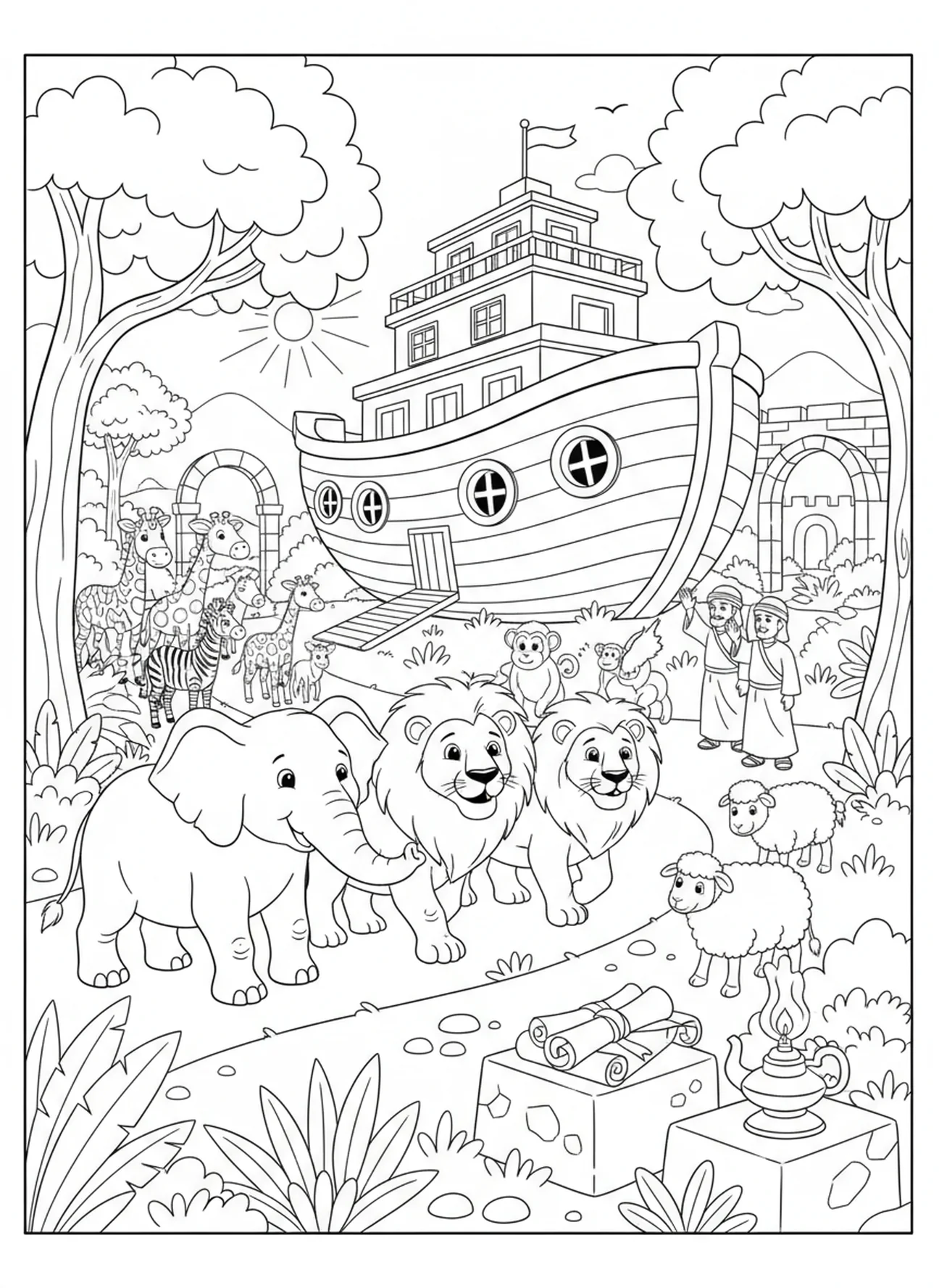 Pareja de elefantes y leones junto al Arca de Noé, página para colorear de la oración Gloria en el cielo para niños de Escuela Dominical de 5 a 12 años.