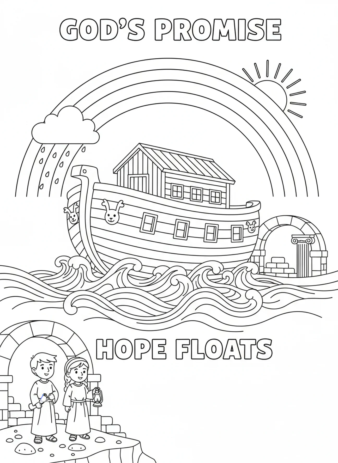 El Arca de Noé flotando con un arcoíris, página para colorear de la Oración de Gloria para niños de la Escuela Dominical de 5 a 12 años.