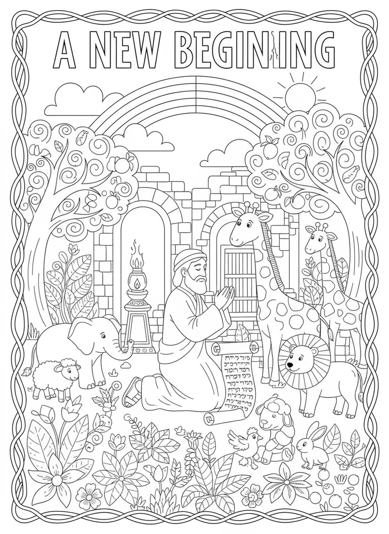 Noé arrodillado en oración con animales, página para colorear de la Oración de Gloria para niños de Escuela Dominical de 5 a 12 años.